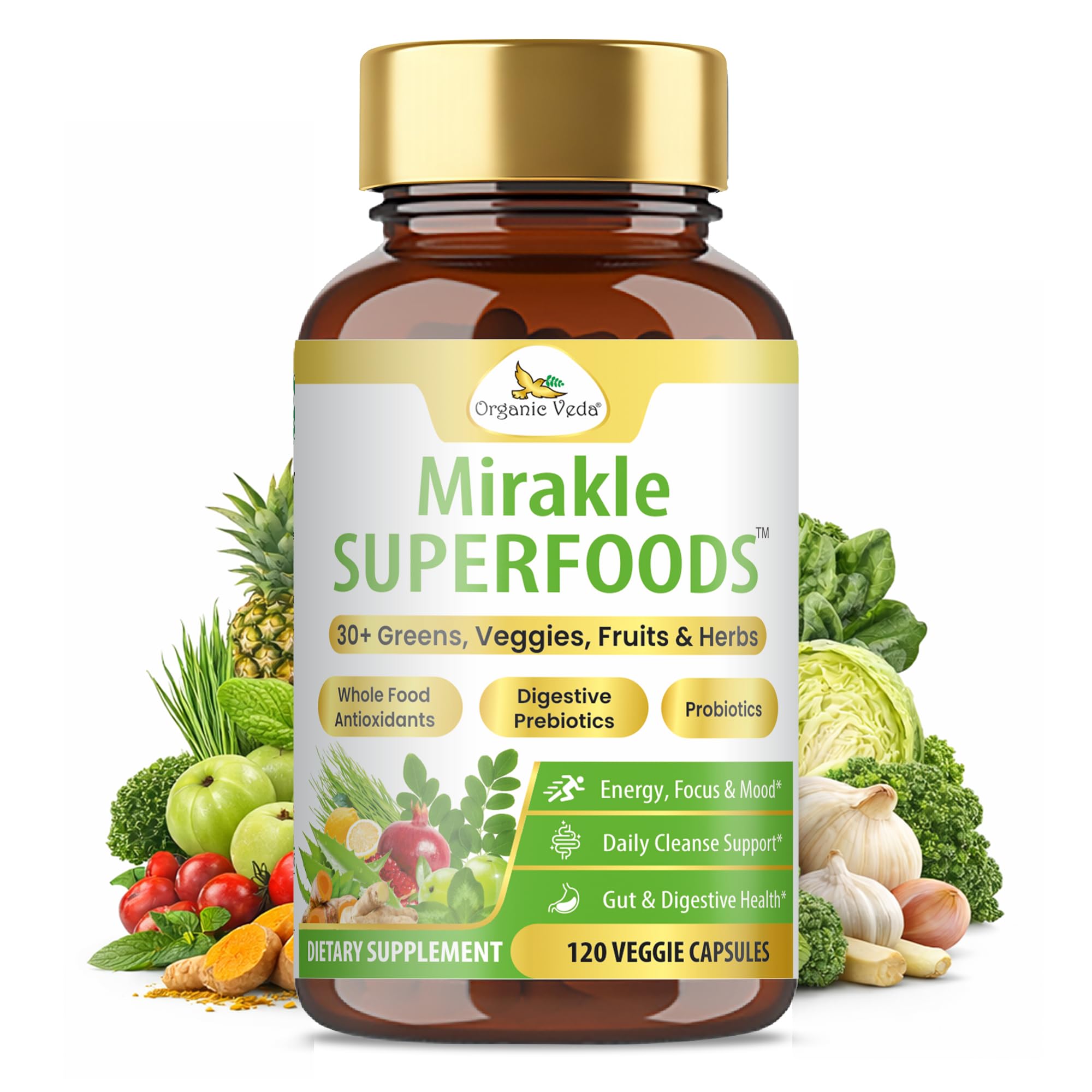 Organic Veda Mirakle Superfoods Greens Capsules - 30+ Daily Greens and Veggies Supplement with Moringa, Spirulina, Chlorella, Turmeric & Herbs, Antioxidants, Resveratrol, Probiotics - 120 Capsule Organic Veda uk supplements