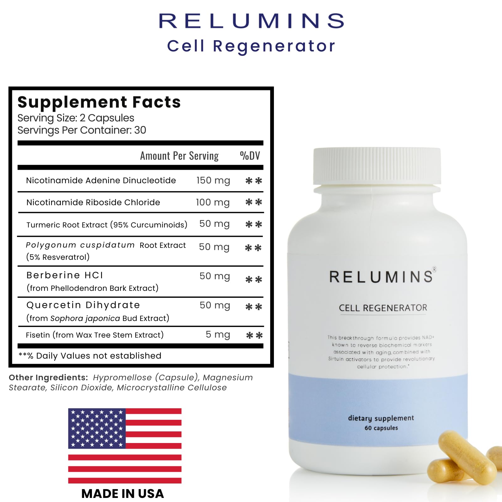Relumins NAD+ Supplement with Nicotinamide Riboside, Resveratrol, Quercetin, Fisetin & Curcumin – Focus, Vitality, Energy, Balance & Daily Wellness Support – 60 Vegan Capsules Relumins uk supplements