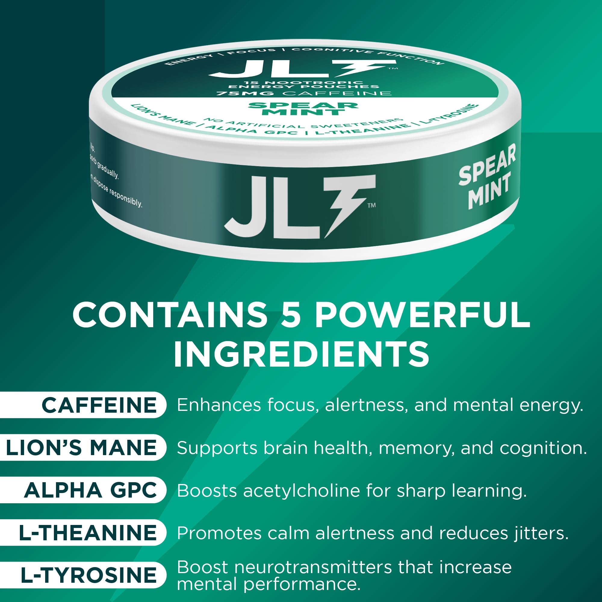 JLT 75 mg Caffeine Nootropic Pouches | Nootropic Energy Pouches with 75mg Caffeine, Lion's Mane, Alpha GPC, L-Tyrosine & L-Theanine with no Artificial Sweeteners | 15 Pouches Per Can JLT Energy uk supplements