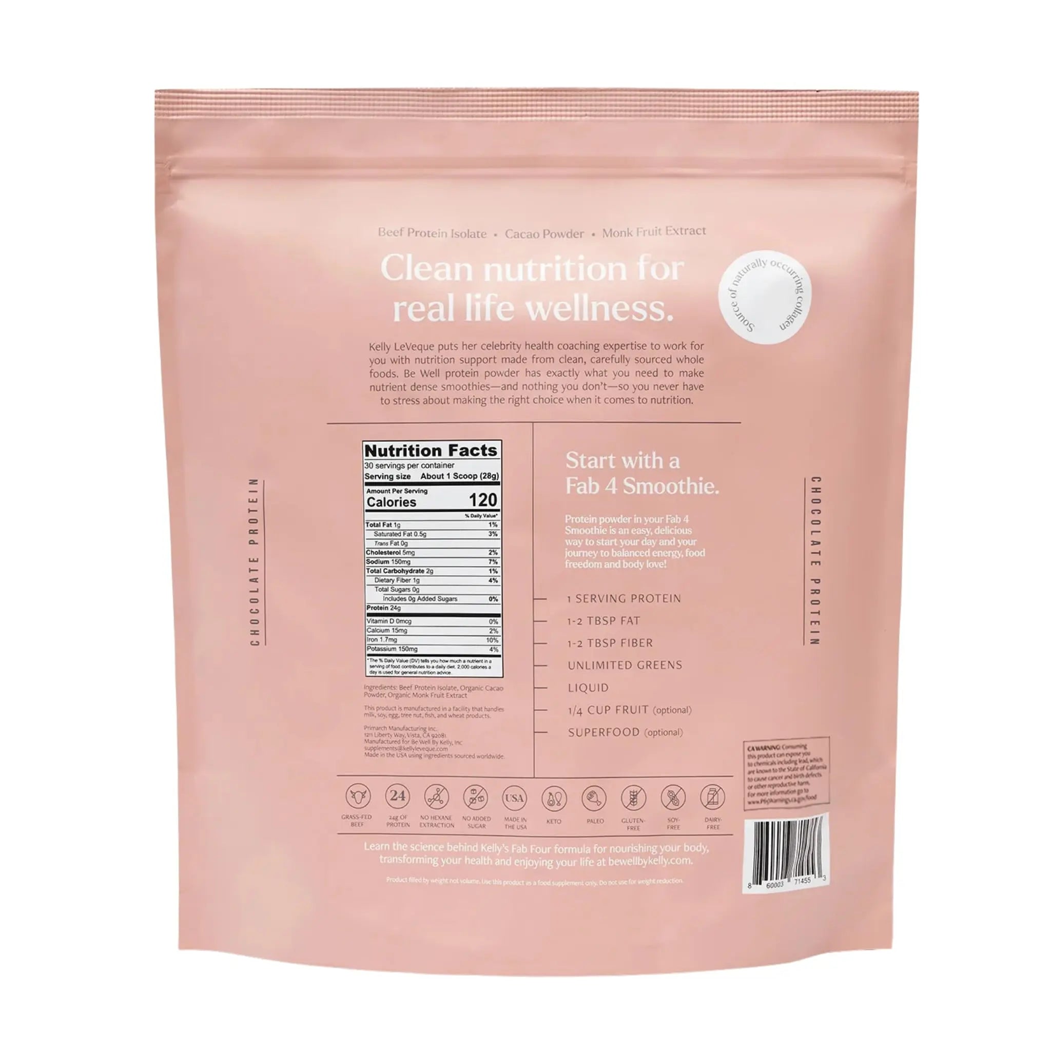 Be Well by Kelly Chocolate Grass-Fed Beef Protein Powder, 24G of Protein & 1G Net Carbs (3 Ingredients, 30 Servings) 9 Amino Acids + 3 BCAAs No Soy, No Dairy, Stevia-Free, No Sugar Added 1.87lb 849g Be Well by Kelly LeVeque uk supplements