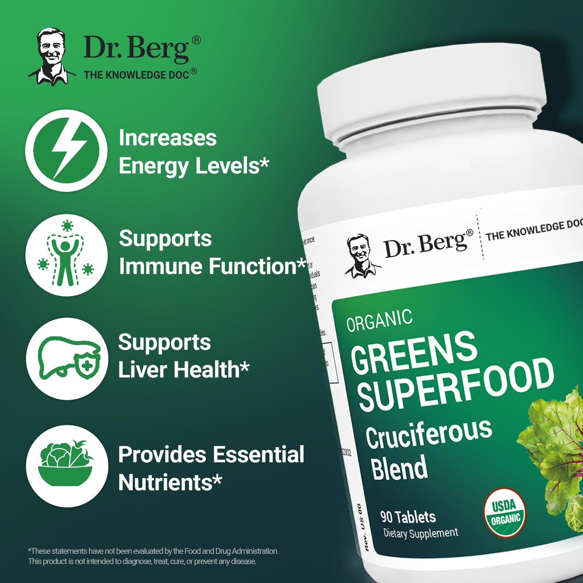 Dr. Berg's Greens Superfood Cruciferous Vegetable Tablets - Vegetable Supplements for Adults w/ 11 Phytonutrient Super Greens - Energy, Immune System & Liver Veggie Tablets - 90 Tablet Dr. Berg Nutritionals uk supplements