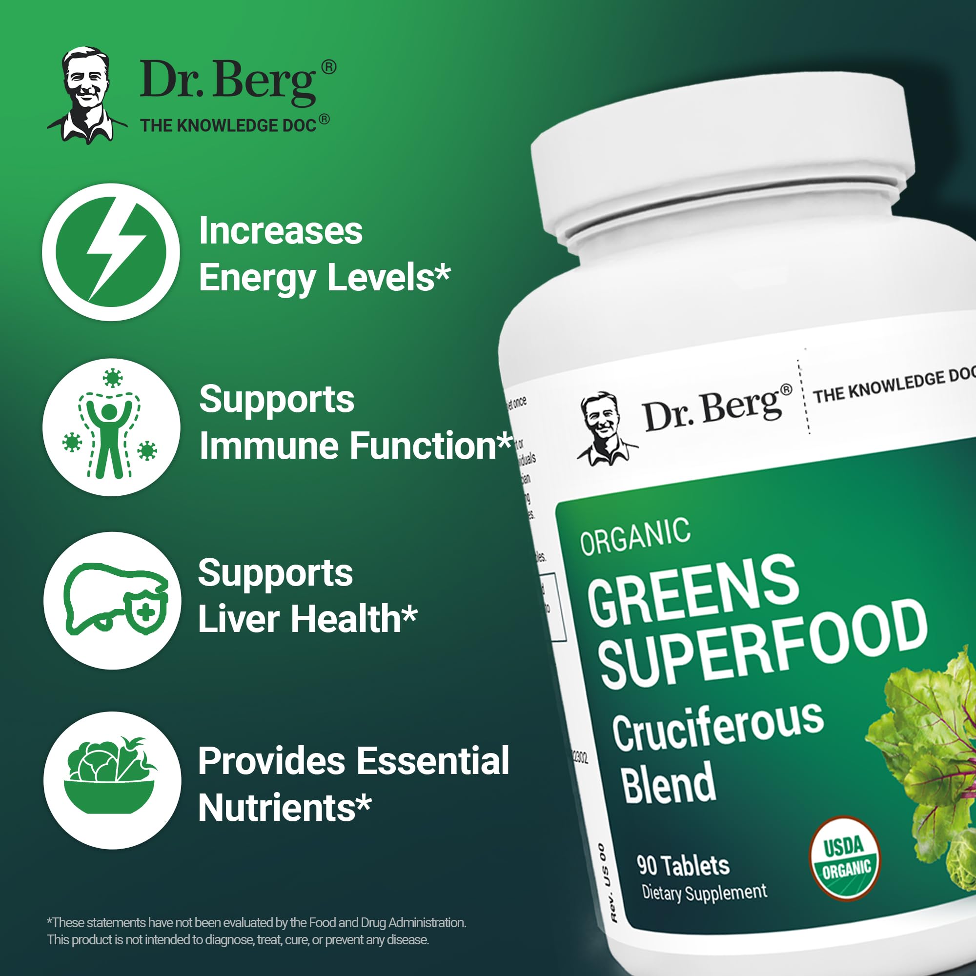 Dr. Berg's Greens Superfood Cruciferous Vegetable Tablets - Vegetable Supplements for Adults w/ 11 Phytonutrient Super Greens - Energy, Immune System & Liver Veggie Tablets - 90 Tablet Dr. Berg Nutritionals uk supplements