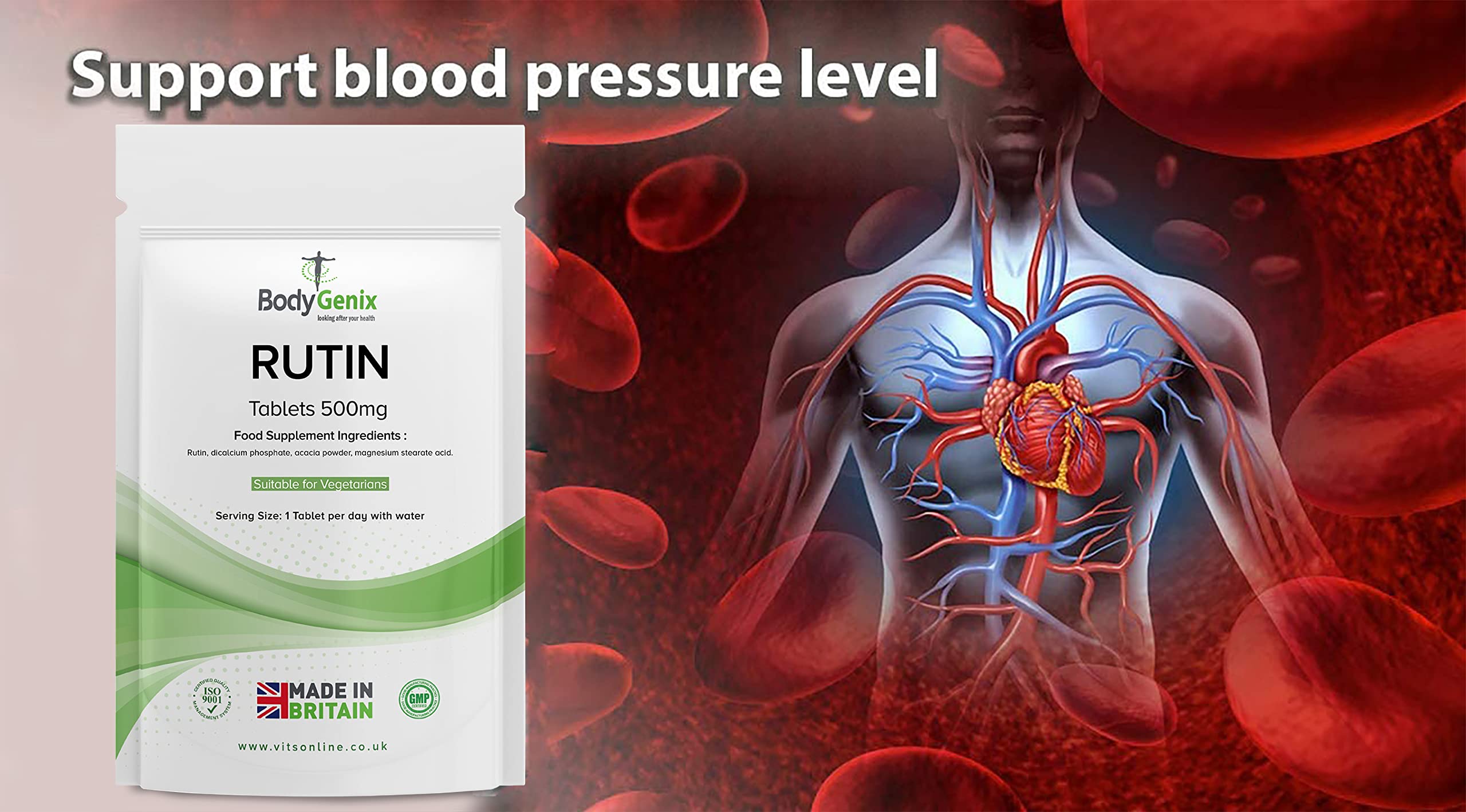 Bodygenix Rutin 500mg Tablets CAPILLARIES, VARICOSE Veins, Hemorrhoids Veg Friendly Bodygenix uk supplements