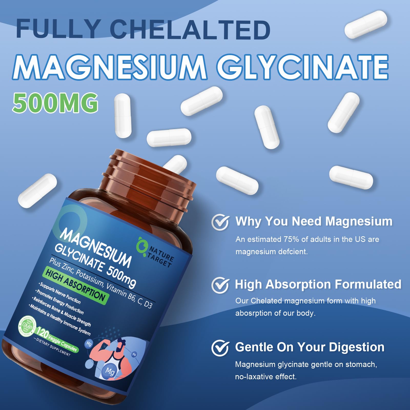 NATURE TARGET Magnesium Glycinate 500mg, Chelated Magnesium with Zinc & Vitamin D3 for Muscle, Nerve & Bone, Support Heart Health & Leg Cramp, Strength Immune System - 120 Capsules NATURE TARGET uk supplements