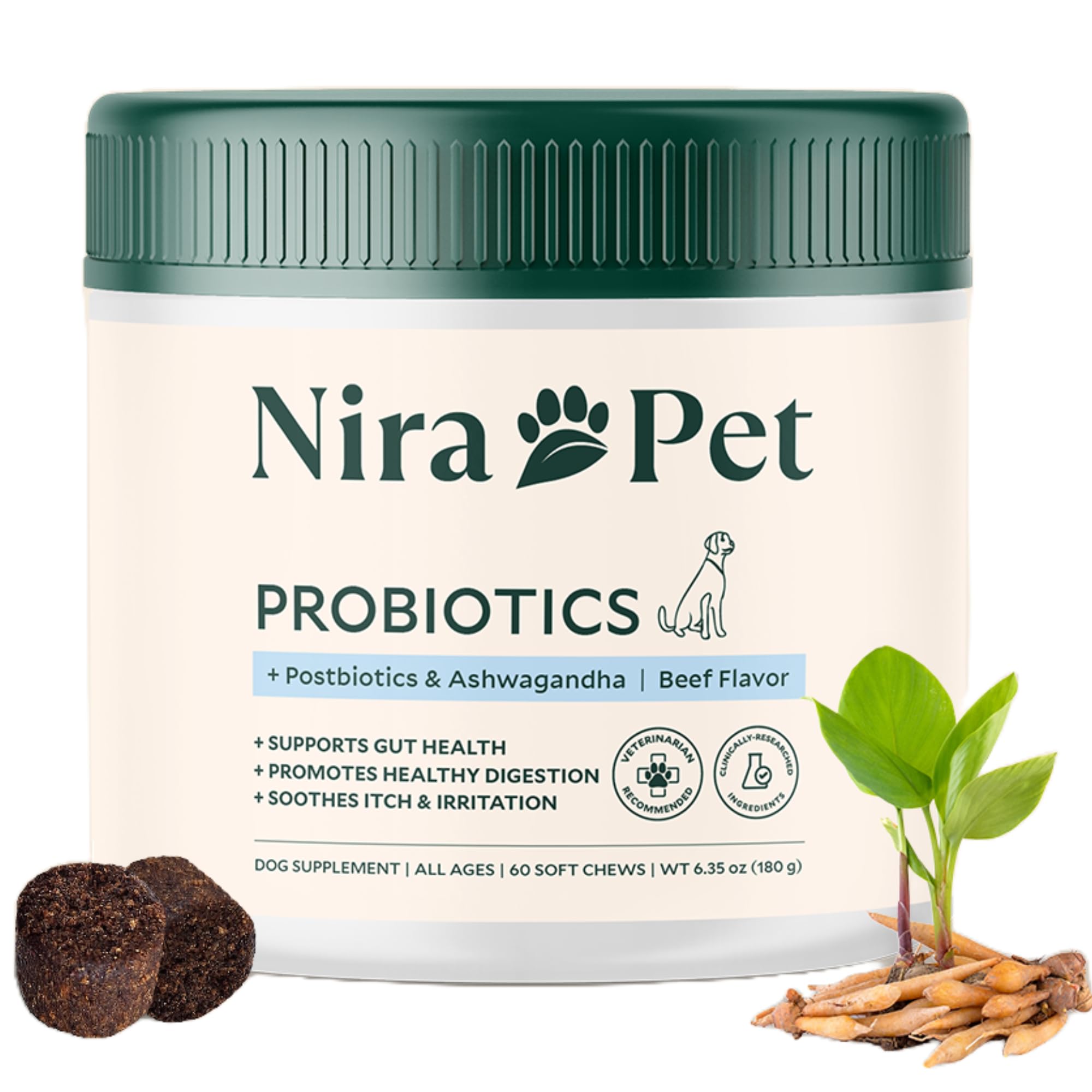 Nira Pet Probiotics for Dogs – 60 Beef-Flavored Chews with Postbiotics, Colostrum, Ashwagandha & Lactobacillus – Supports Gut Health, Immunity, Diarrhea, Gas & Stress Nira Pet uk supplements