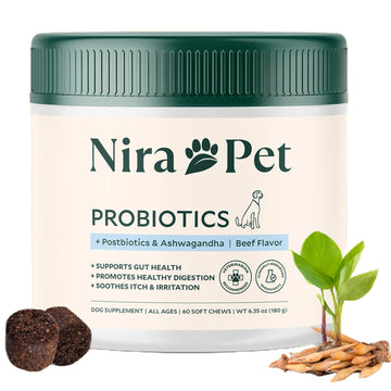 Nira Pet Probiotics for Dogs – 60 Beef-Flavored Chews with Postbiotics, Colostrum, Ashwagandha & Lactobacillus – Supports Gut Health, Immunity, Diarrhea, Gas & Stress Nira Pet uk supplements
