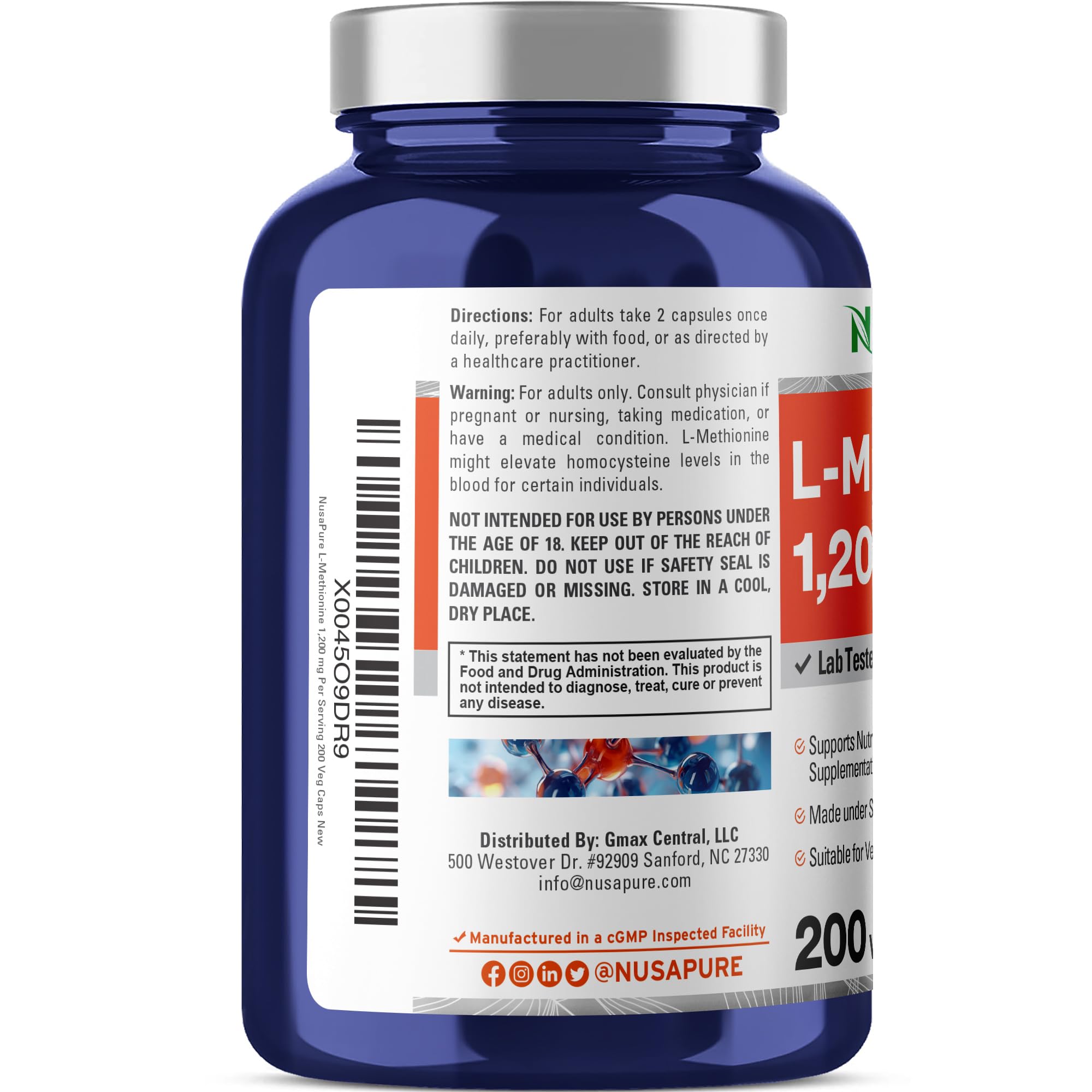 NusaPure L Methionine 1200mg | 200 Capsules | Non-GMO | Vegan Supplement NusaPure uk supplements