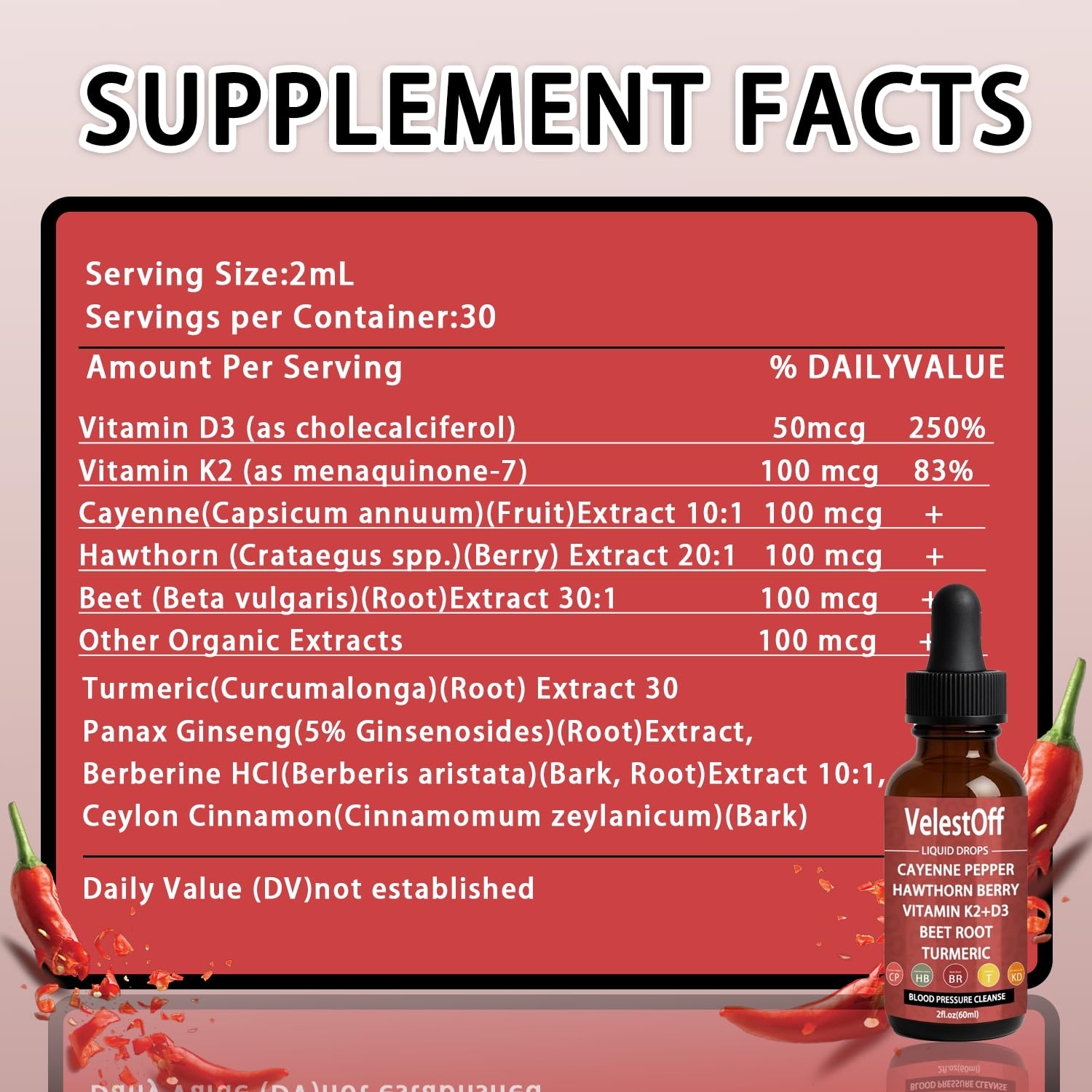 Velestoff Cayenne Pepper & Cayenne Pepper Drops Liquid Supplement with Hawthorn, Beet Root, Turmeric, Vitamin K2 D3 Nutralis uk supplements