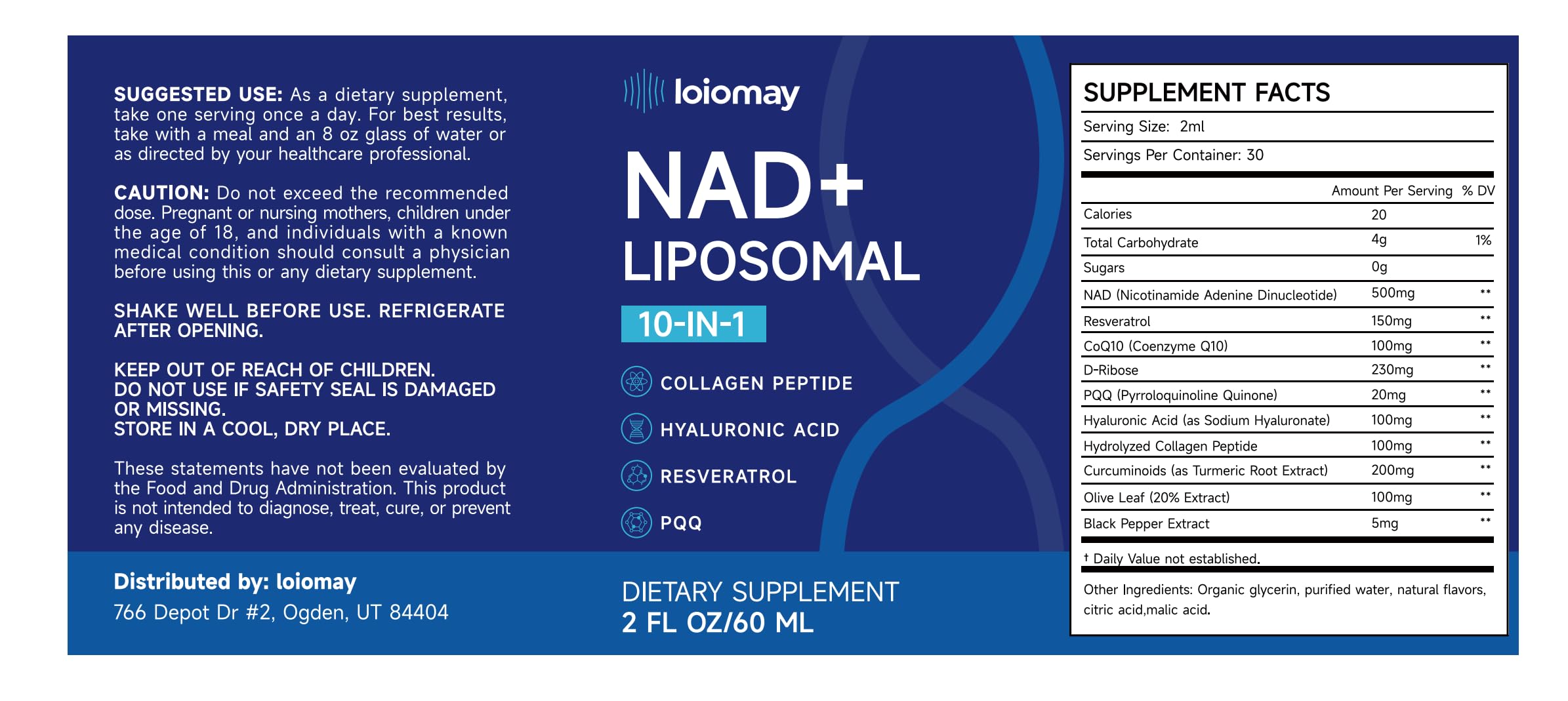 Liposomal NAD Liquid Supplement - 1500mg NAD+ Drops for Women & Men with Resveratrol & Nicotinamide Riboside, PQQ, Collagen & Turmeric for Anti-Aging & Longevity, Cellular Energy Health, 2 Fl Oz loiomay uk supplements
