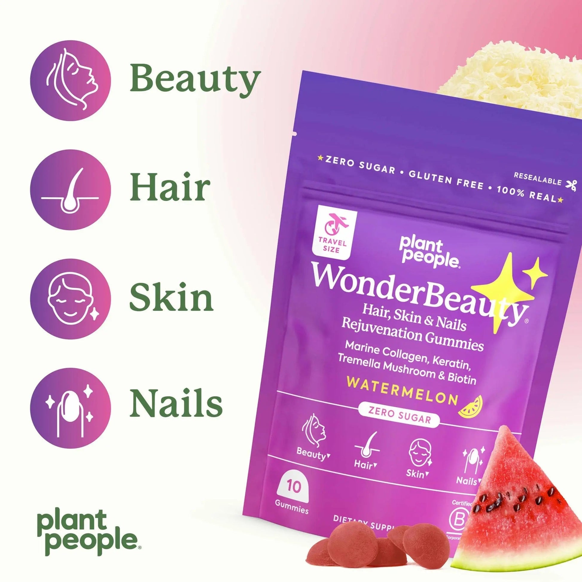 Plant People WonderBeauty Hair, Skin & Nails Rejuvenation Gummies with Tremella Mushroom, Marine Collagen Peptides, Keratin, & Biotin Plant People uk supplements