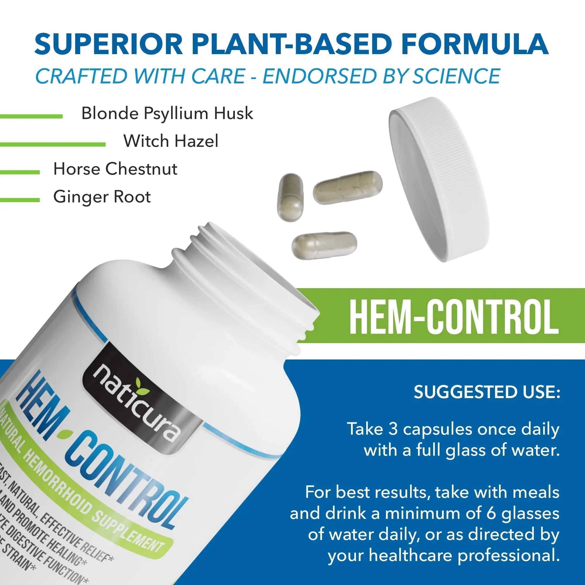 Naticura Hem-Control - Fast Effective Hemorrhoid Treatment Supplement - Powerful Formula to Promote Symptom Relief, Shrinking of Hemorrhoids, Ease Discomfort - 90 Vegan Capsules - Made in USA Naticura uk supplements