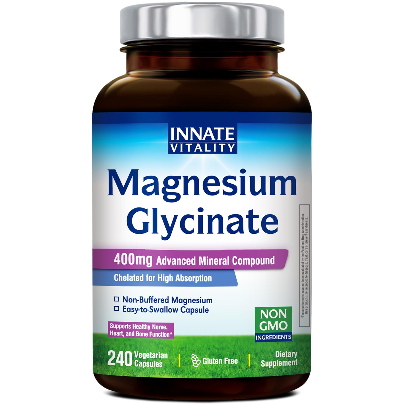 Innate Vitality Magnesium Glycinate 400mg, Non Buffered & High Absorption Magnesium Supplement for Sleep, Relaxation, Heart & Bone Health for Men & Women, Non-GMO, No Gluten, 240 Vegan Capsules Innate Vitality uk supplements