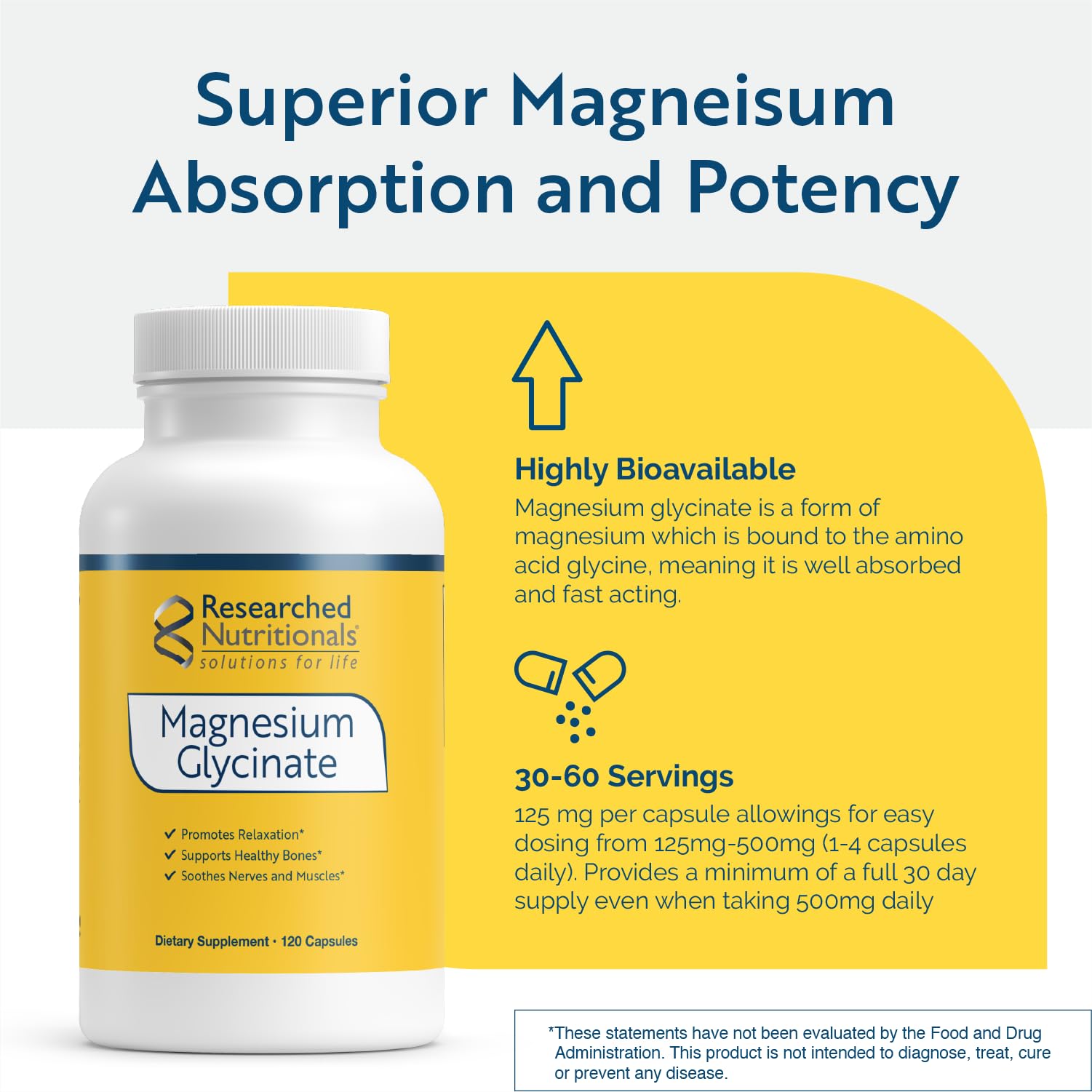 Researched Nutritionals Magnesium Glycinate Capsules - 125mg High Absorption Magnesium Glycinate Supplement to Support Healthy Bones and Energy Production - Vegan & Non-GMO (120 Capsules) Researched Nutritionals uk supplements