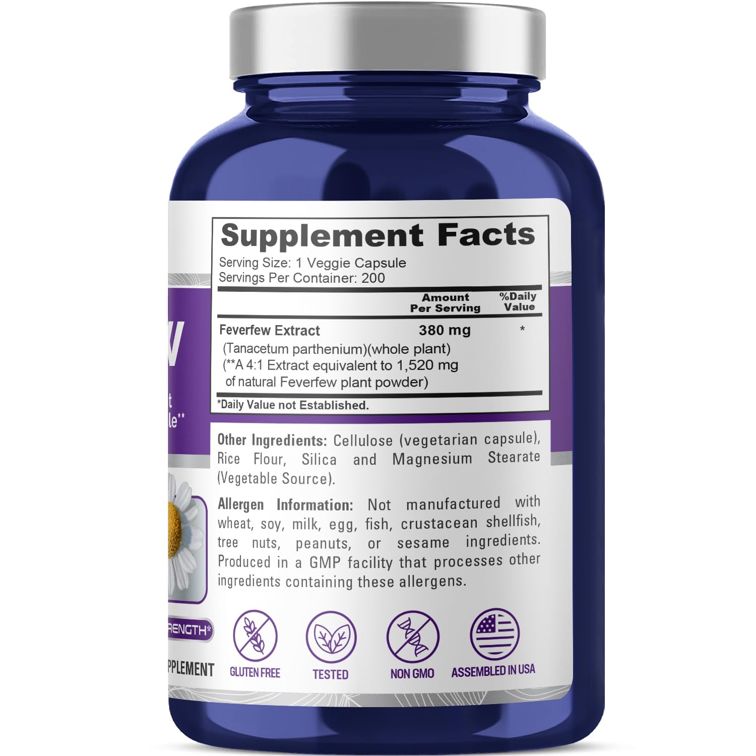 NusaPure Feverfew Extract 4:1 - Suitable for Vegetarian/Vegan, Non - GMO - 1520mg 200 Capsules NusaPure uk supplements