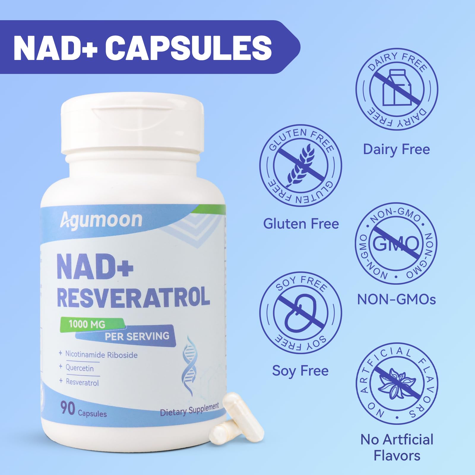 Agumoon NAD+ Supplement 1000mg, Liposomal NAD Nicotinamide Riboside Supplement with Resveratrol & Quercetin for Women and Men - 90 Capsules Agumoon uk supplements