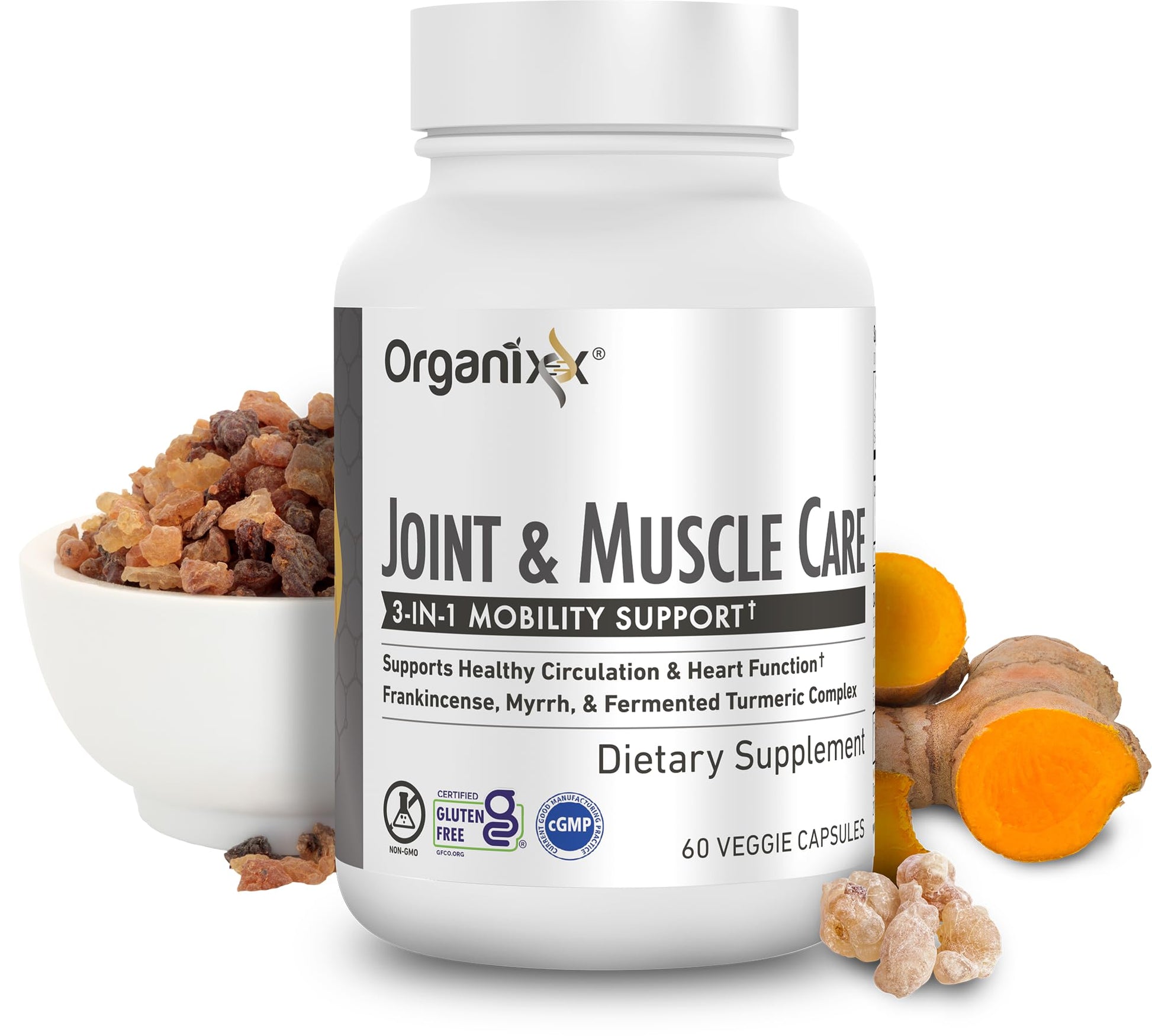 Organixx Joint & Muscle Care Organic Turmeric Supplement, 3-in-1 Frankincense, Turmeric and Myrrh Joint Health & Joint Support Supplement Body Care Capsules, Supports Swelling, Tension, 60 Capsules Organixx uk supplements