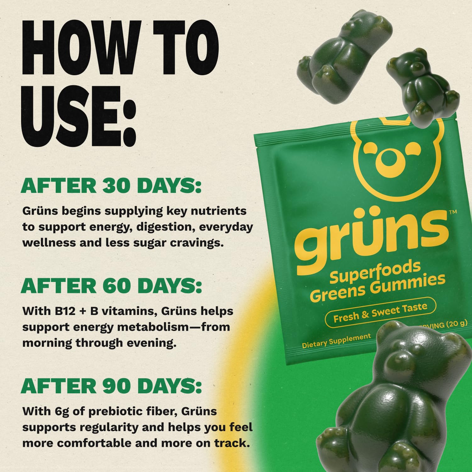 Gruns Adults Super Greens Gummies, Multivitamin Superfood Gummy Bears, Spirulina, Chlorella, Prebiotics & Fiber Gummies for Digestive Health Grüns uk supplements