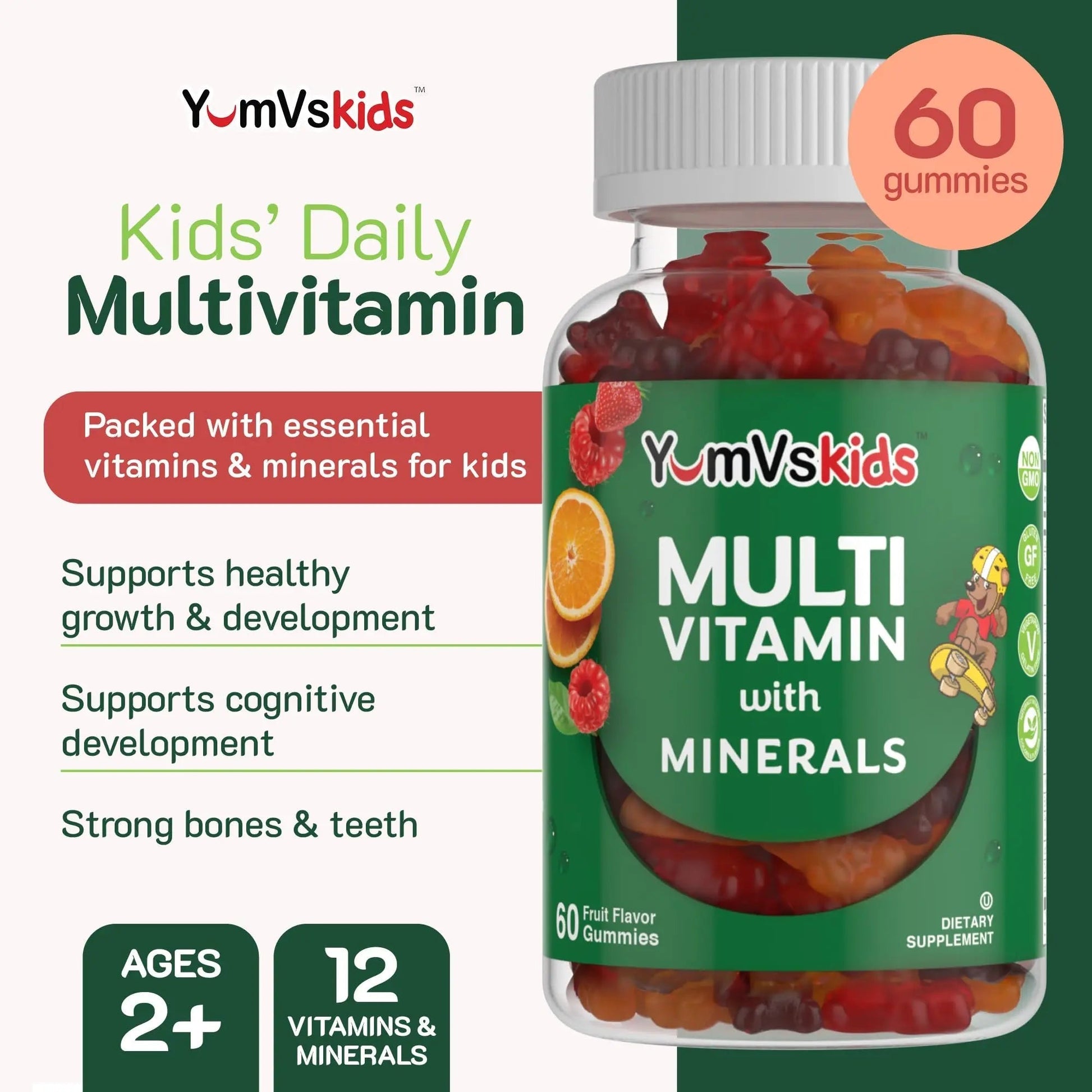 YumVs Kids Multivitamin Gummies - Fruit Flavored Chewable Children's Multivitamin - Kids Vitamins Multivitamin Gummy with 12 Minerals & Vitamins A C D3 E B6 B12 YUM-V'S uk supplements