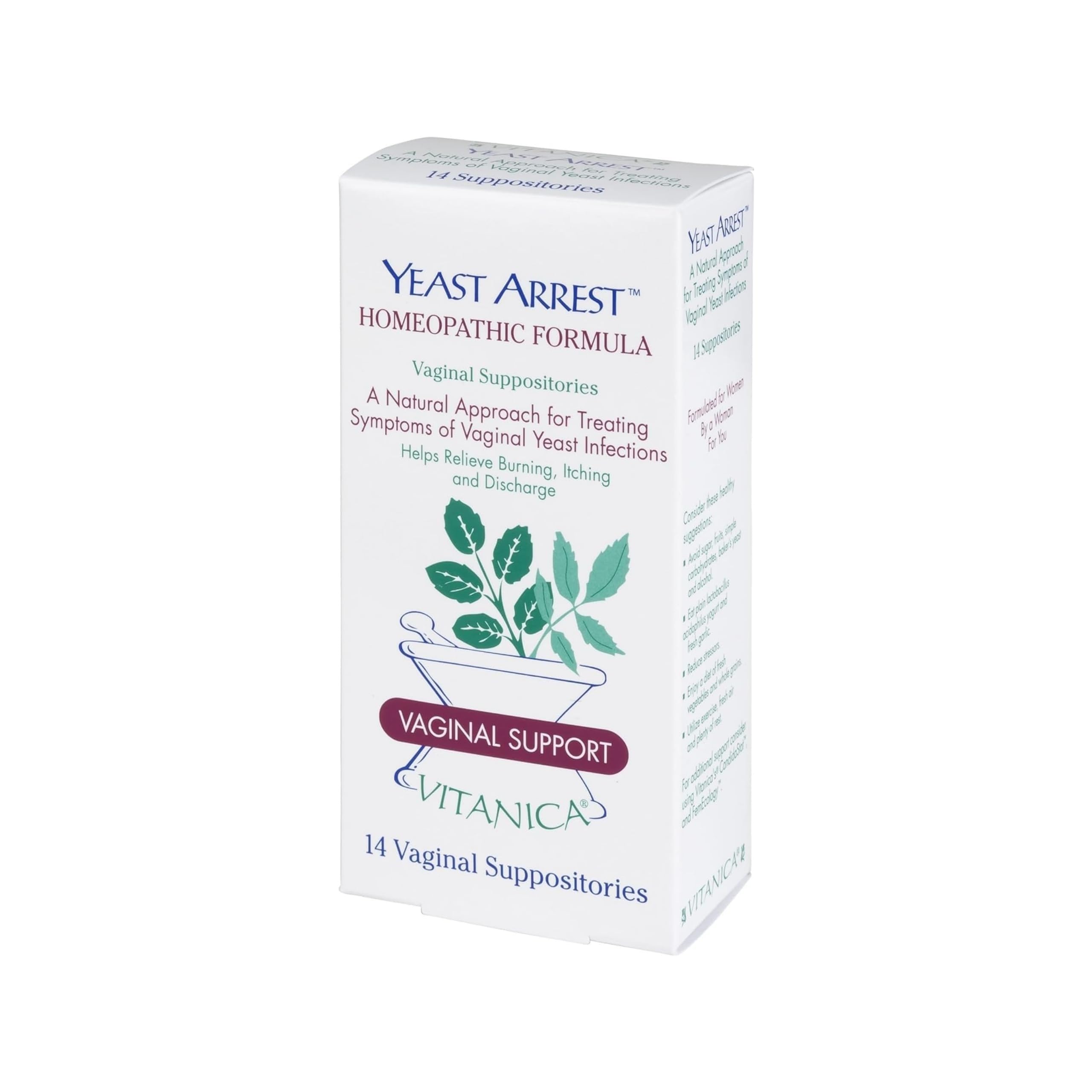 Vitanica Yeast Arrest, Homeopathic Vaginal Suppositories, for Yeast Infection Symptoms, Relieves Burning, Itching & Discharge, with Boric Acid, Tea Tree Oil & Probiotics, Vegan (Pro Logo, 14ct) Vitanica uk supplements