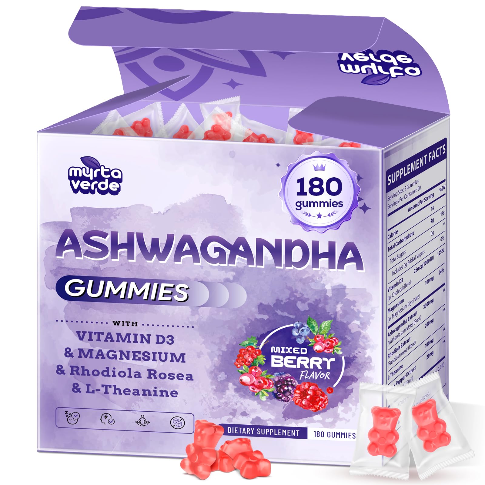 3000mg Ashwagandha Gummies for Women & Men, 180 Count | Extra Strength Ashwagandha Supplement for Stress, Relaxation & Immune Support | Magnesium, Rhodiola, L-Theanine, D3 | Sugar Free Mixed Berry Myrtaverde uk supplements