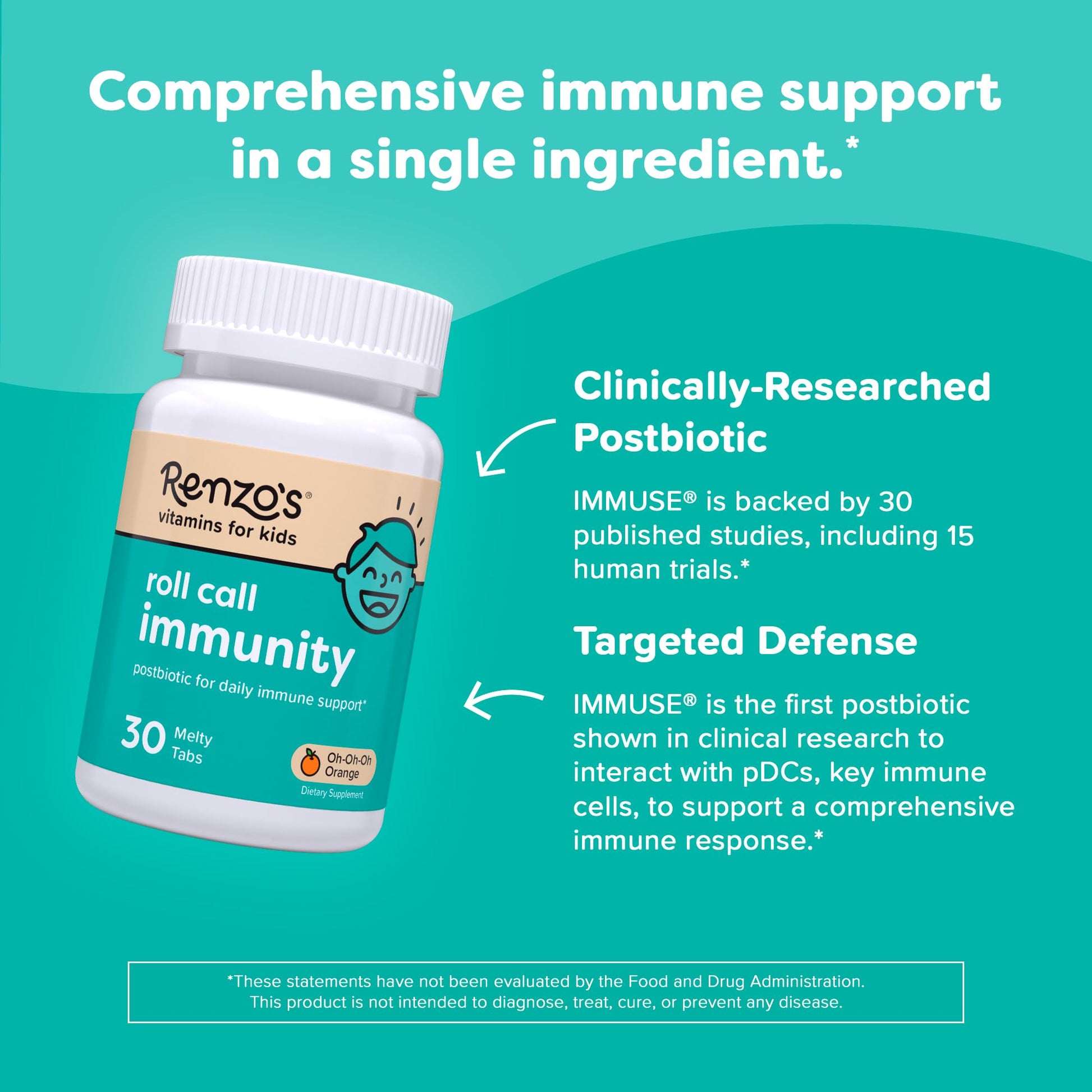 Renzo's Roll Call Immunity - Dissolvable Kids Immune Support Supplement with IMMUSE Postbiotic, Sugar-Free Kids Vitamins, 30 Orange-Flavored Melty Tabs Renzo's uk supplements
