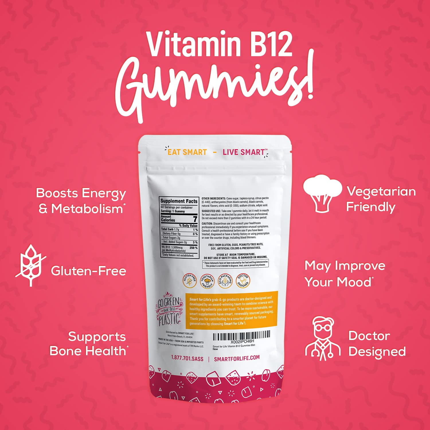 B12 Gummy Vitamins - 1500 mcg Vitamin B12 Gummies for Adults and Kids - Helps with Energy, Metabolism, Bone Nervous System Support Smart for Life uk supplements