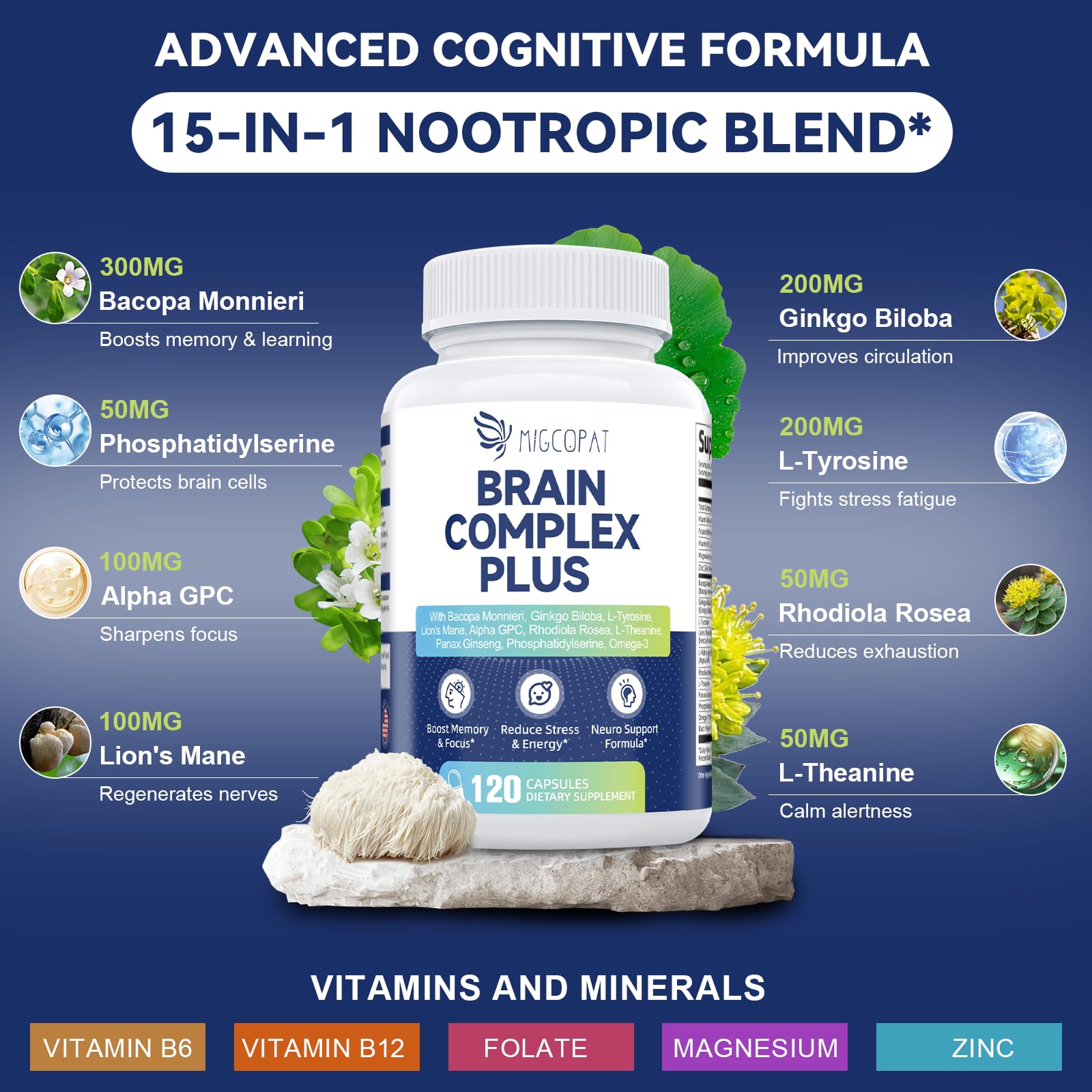 Brain Supplements for Memory & Focus - Nootropic with Bacopa Monnieri, Lion's Mane, Alpha GPC, Phosphatidylserine | Supports Mental Clarity & Cognitive Function | Vitamin B6 & B12-120 Capsules Migcopat uk supplements