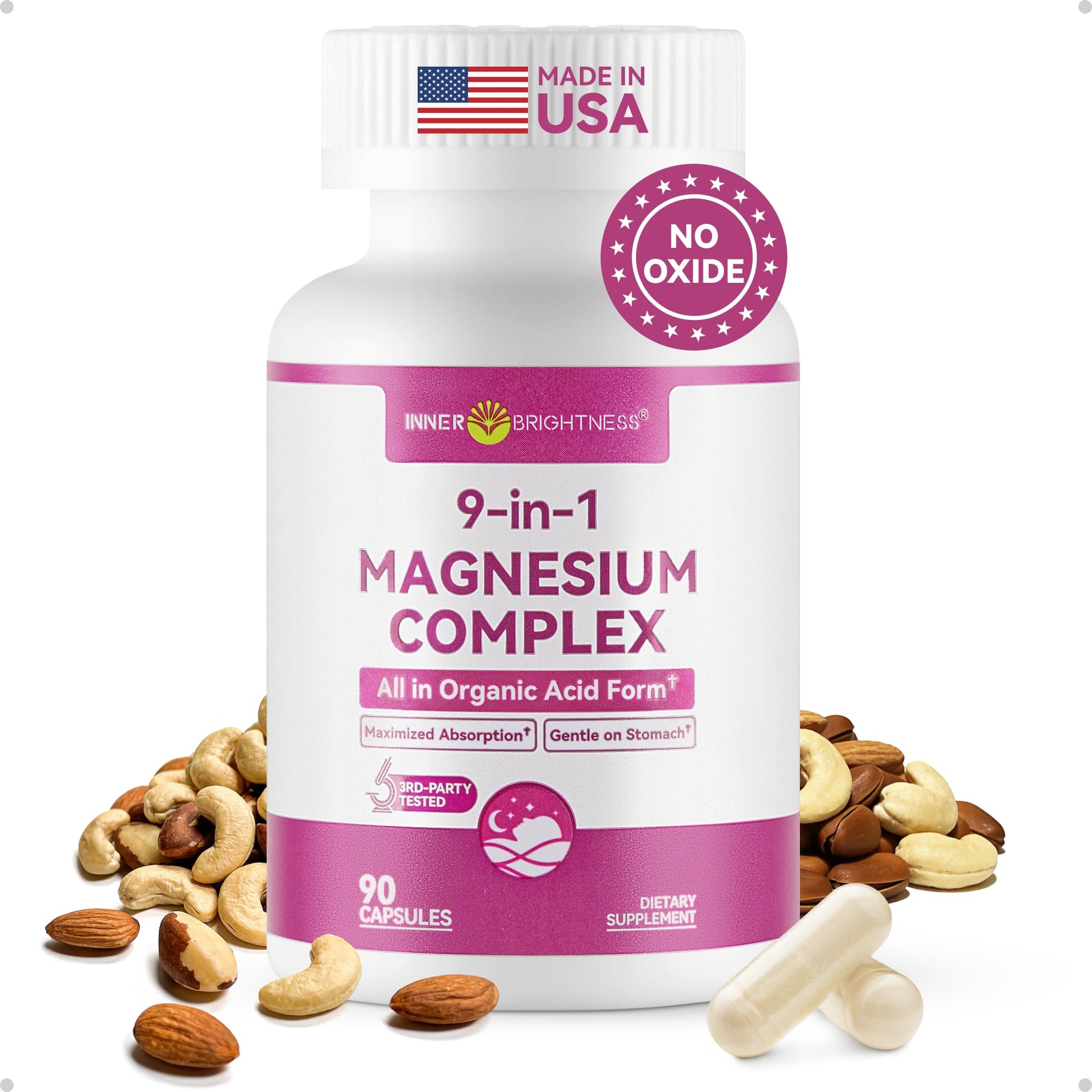 9-in-1 Magnesium Complex, 300mg Magnesium from 9 Organic Forms, Glycinate, Citrate, Malate, High Absorption for Sleep & Relaxation, Energy & Muscle Support, 90 Capsules Inner Brightness uk supplements