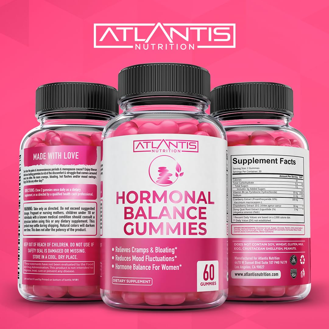 Atlantis Nutrition Hormonal Balance for Women & PMS Relief Gummies - Alleviates Cramps, Bloating, Mood Swings, Hot Flashes & Night Sweats - Cranberry, Dong Quai & Chasteberry Menstrual Cramp Relief Atlantis Nutrition uk supplements