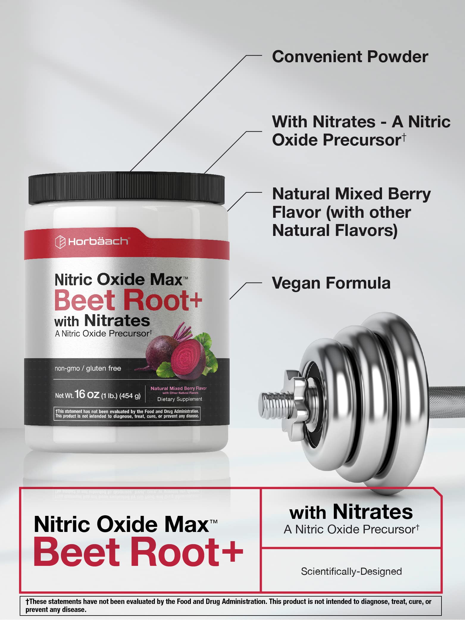 Nitric Oxide Beet Root Powder | 16 oz (454g) | Natural Mixed Berry Flavor | with Nitrates Horbäach uk supplements