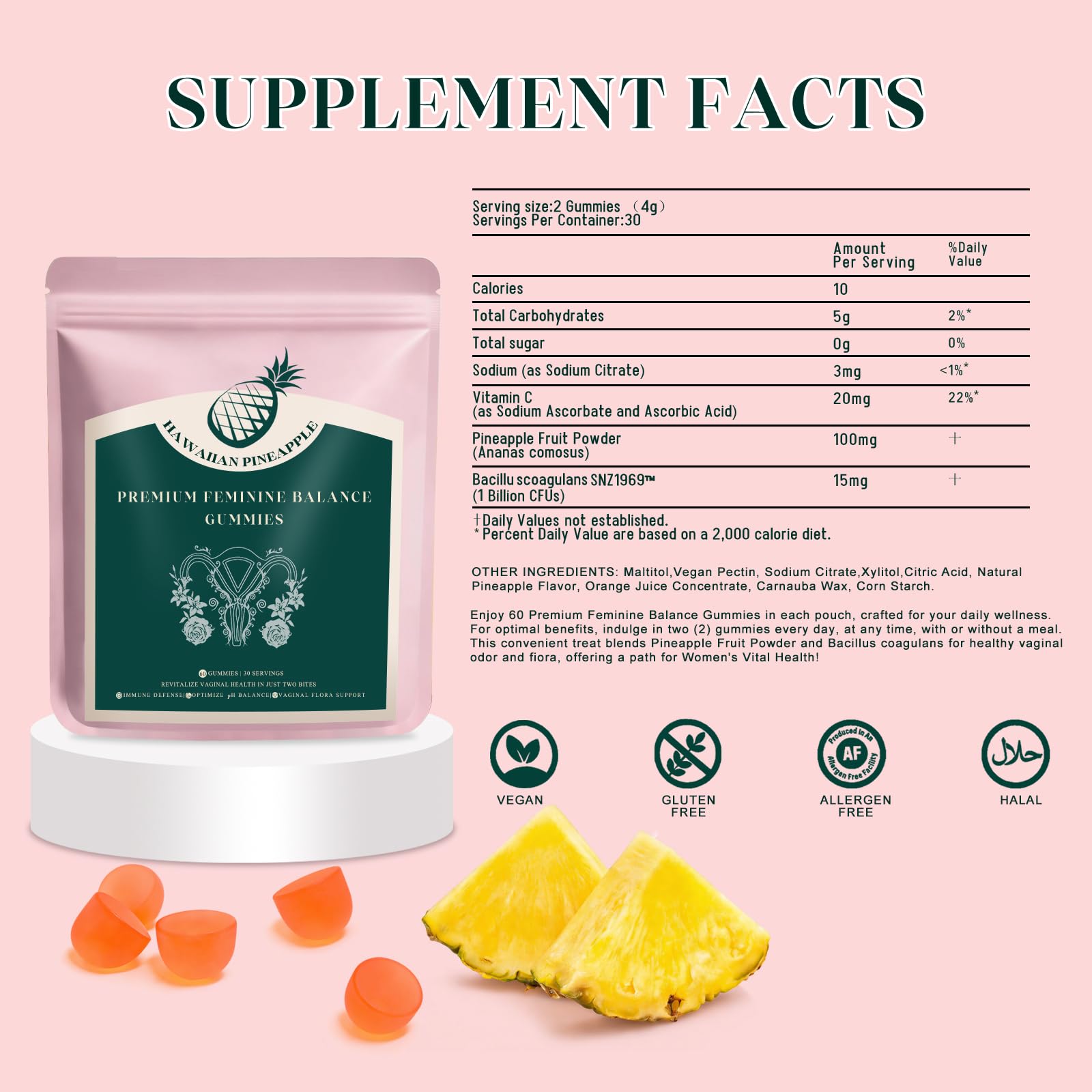 KLKIT Premium Feminine Balance Gummies, Pineapple Vaginal Probiotics for Women, pH Balance Feminine Gummies for Immune Support, Vegan & Gluten Free, 60 Count (30 Servings) KLKIT uk supplements