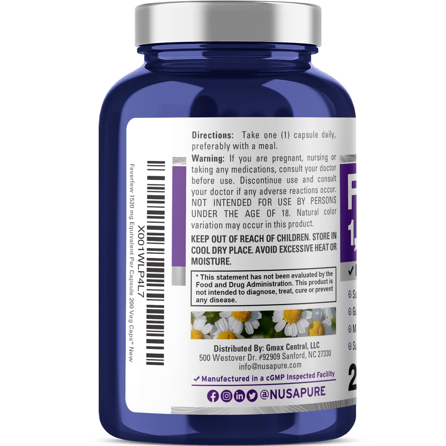 NusaPure Feverfew Extract 4:1 - Suitable for Vegetarian/Vegan, Non - GMO - 1520mg 200 Capsules NusaPure uk supplements