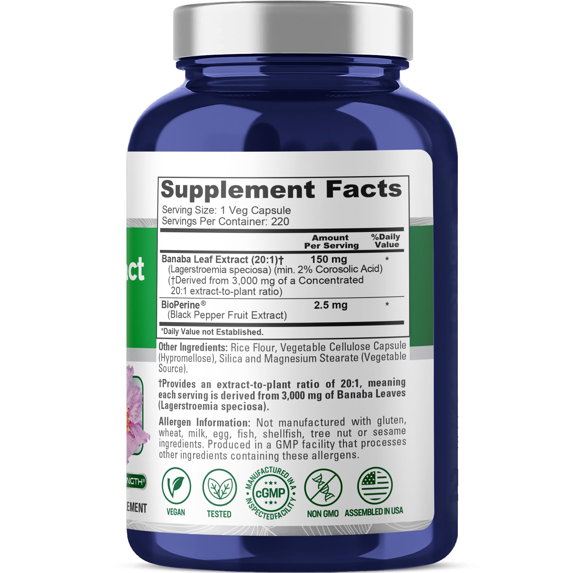 NusaPure Banaba Leaf 20:1 Extract, 150 mg Equivalent to 3,000mg Veg Caps, 220 Days Supply (Non-GMO & Vegan) 2% Corosolic Acid NusaPure uk supplements