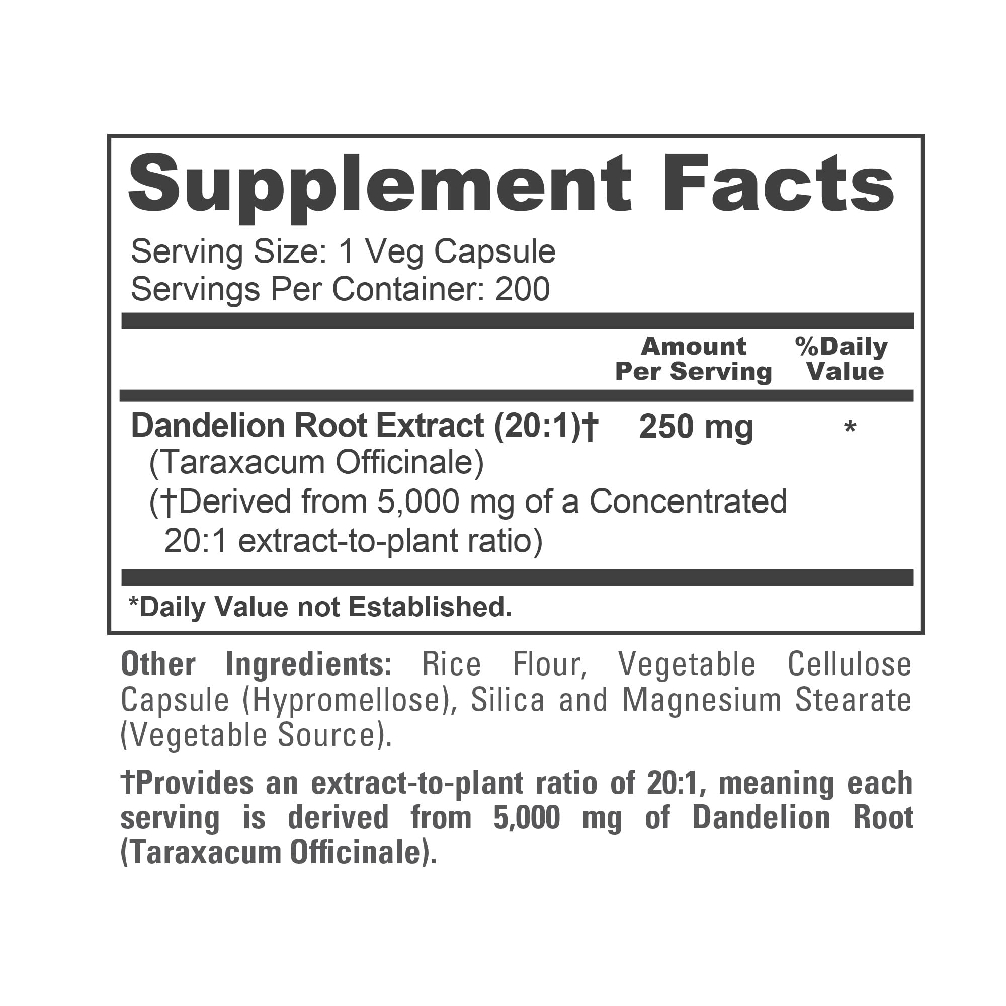 NusaPure Dandelion Root 20:1 Extract, 250 mg Equivalent to 5000mg 200 Veg Capsules (Vegan, Non-GMO) NusaPure uk supplements