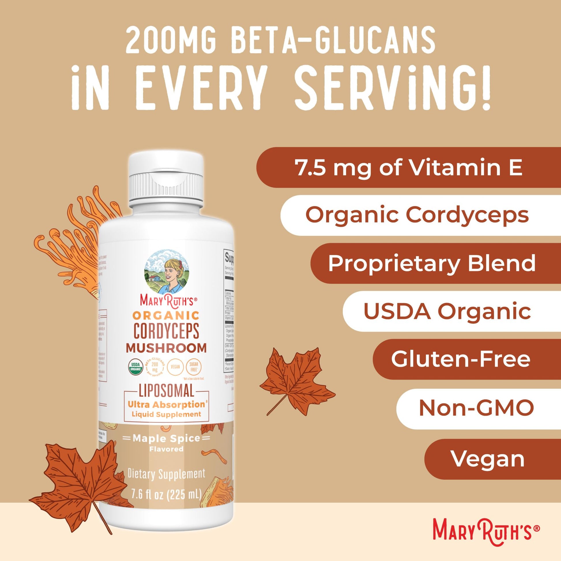 MaryRuth Organics Cordyceps Mushroom Supplement | Ultra Absorption Liposomal | Full Spectrum Mushroom | 200mg Beta-Glucans Per Serving | USDA Organic | Vegan | 7.6 oz | 15 Servings MARYRUTH'S uk supplements