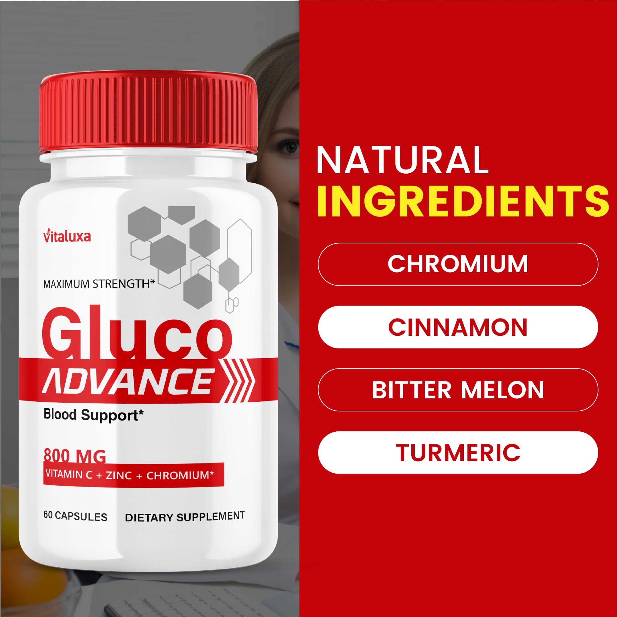 Gluco Advance Capsules, Gluco Advanced Blood Support Supplement GlucoAdvance Pills for Joints, GlucoseAdvance Premium Blend Flow Balance All Natural Formula Overall Health Wellness (60 Capsules) Vitaluxa uk supplements