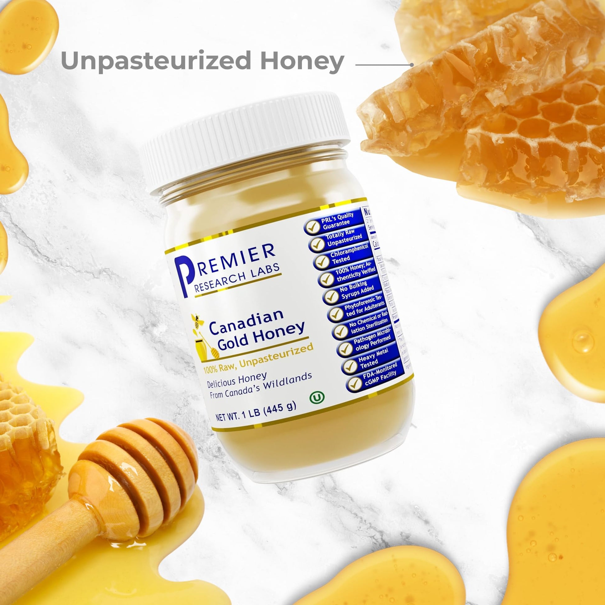 Premier Research Labs Canadian Gold Honey - Raw Honey, Pure Honey, Raw Unpasteurized Honey, Unfiltered, 100% Pure, Sugar-Free, Unprocessed Wildflower Honey - 1 lb Jar Premier Research Labs uk supplements