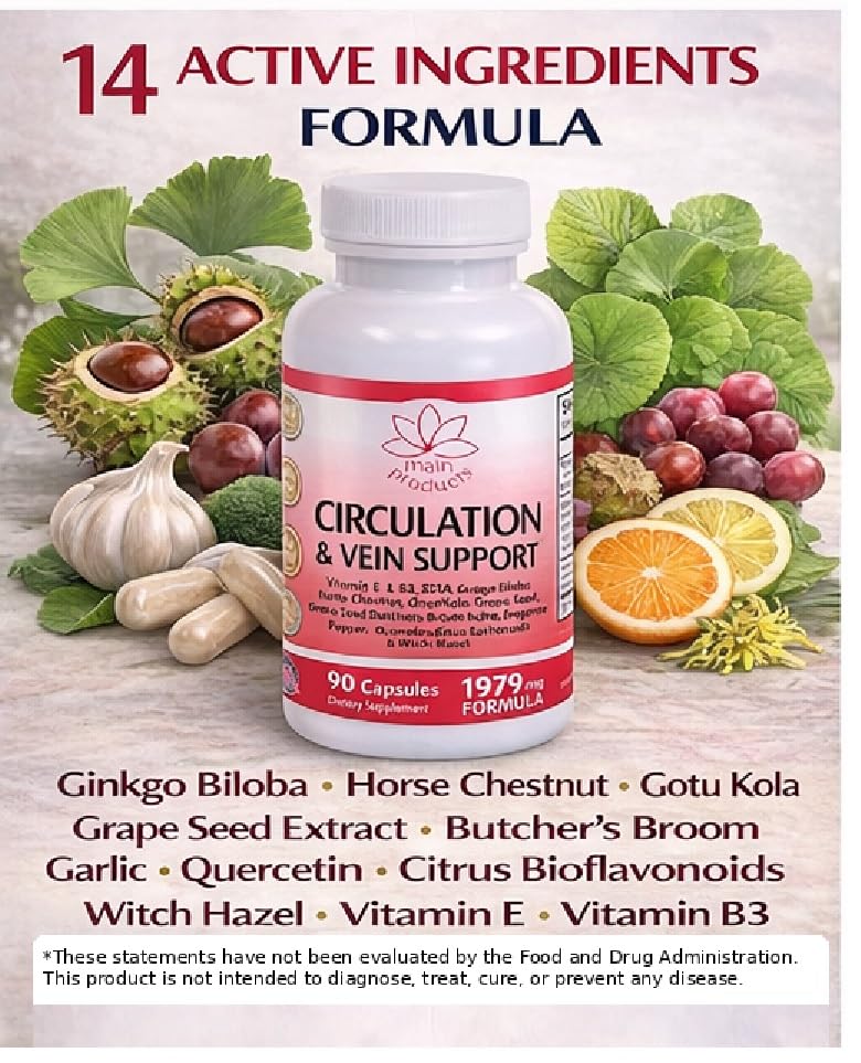 Circulation & Vein Support Supplement - Vitamins E & B3, Ginkgo Biloba, Horse Chestnut, Gotu Kola, Grape Seed, Butcher's Broom & Citrus Bioflavonoids - 1979 mg Formula - 90 Capsules - 30 Days Supply. Main Products uk supplements