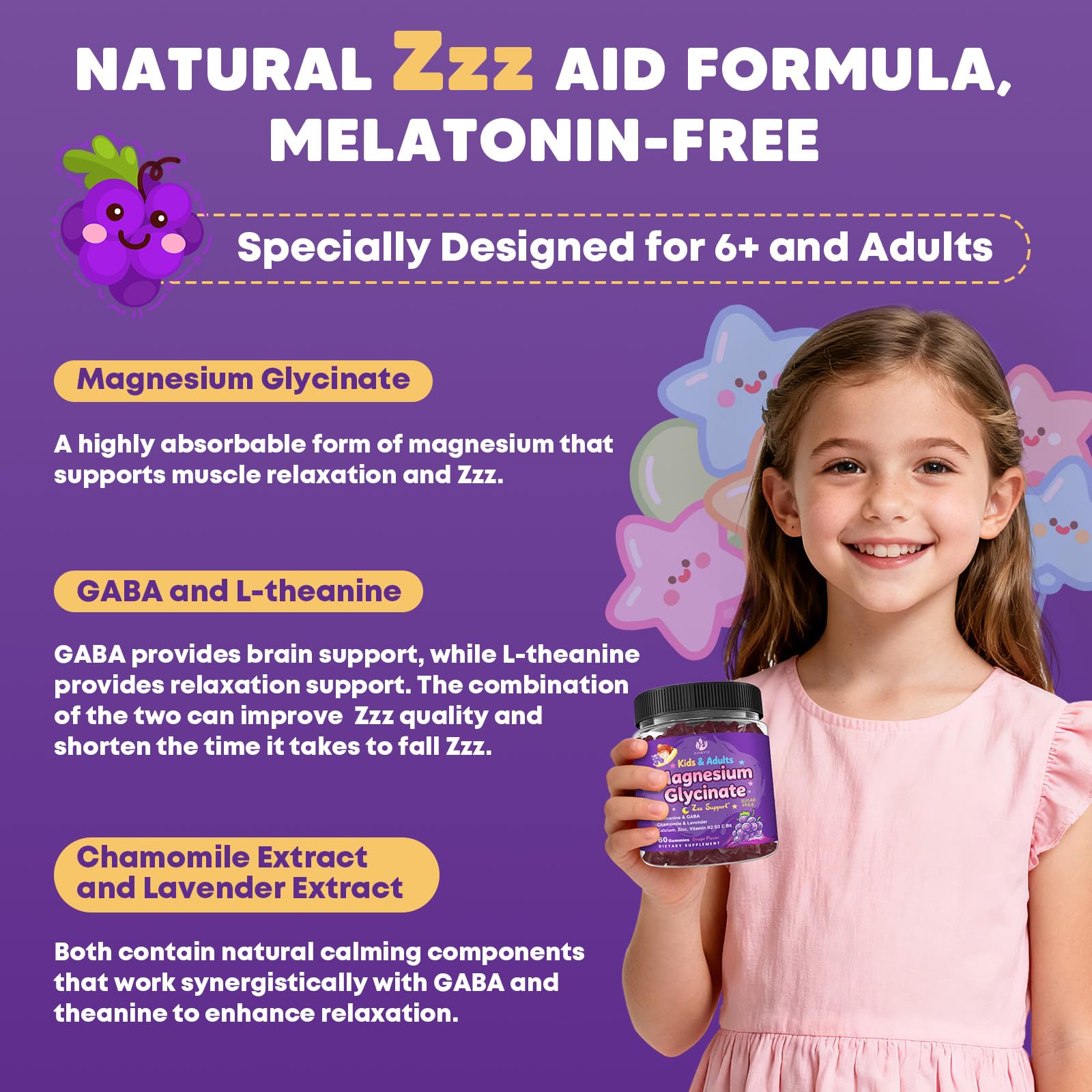 Sugar Free Magnesium Glycinate Gummies for Kids & Adults - Zzz Support, Relaxation & Cognition Support, 200/400mg Magnesium Gummies with L-Theanine, GABA, Calcium, B6, D3, C & K2, Grape Flavor, 60 Ct JIANKYTZ uk supplements
