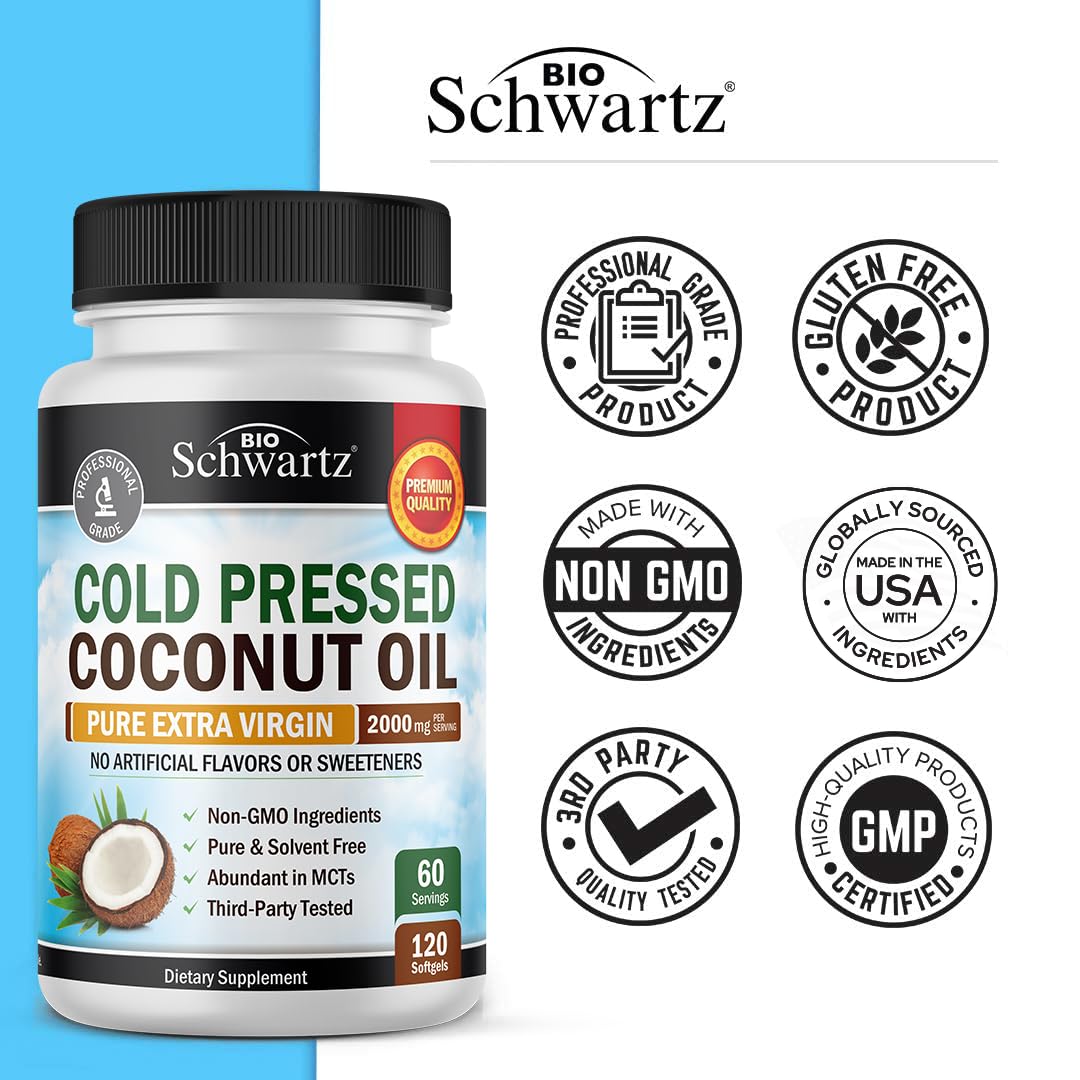 Coconut Oil Capsules 2000mg - Organic Pure Extra Virgin Unrefined Cold Pressed MCT BioSchwartz uk supplements
