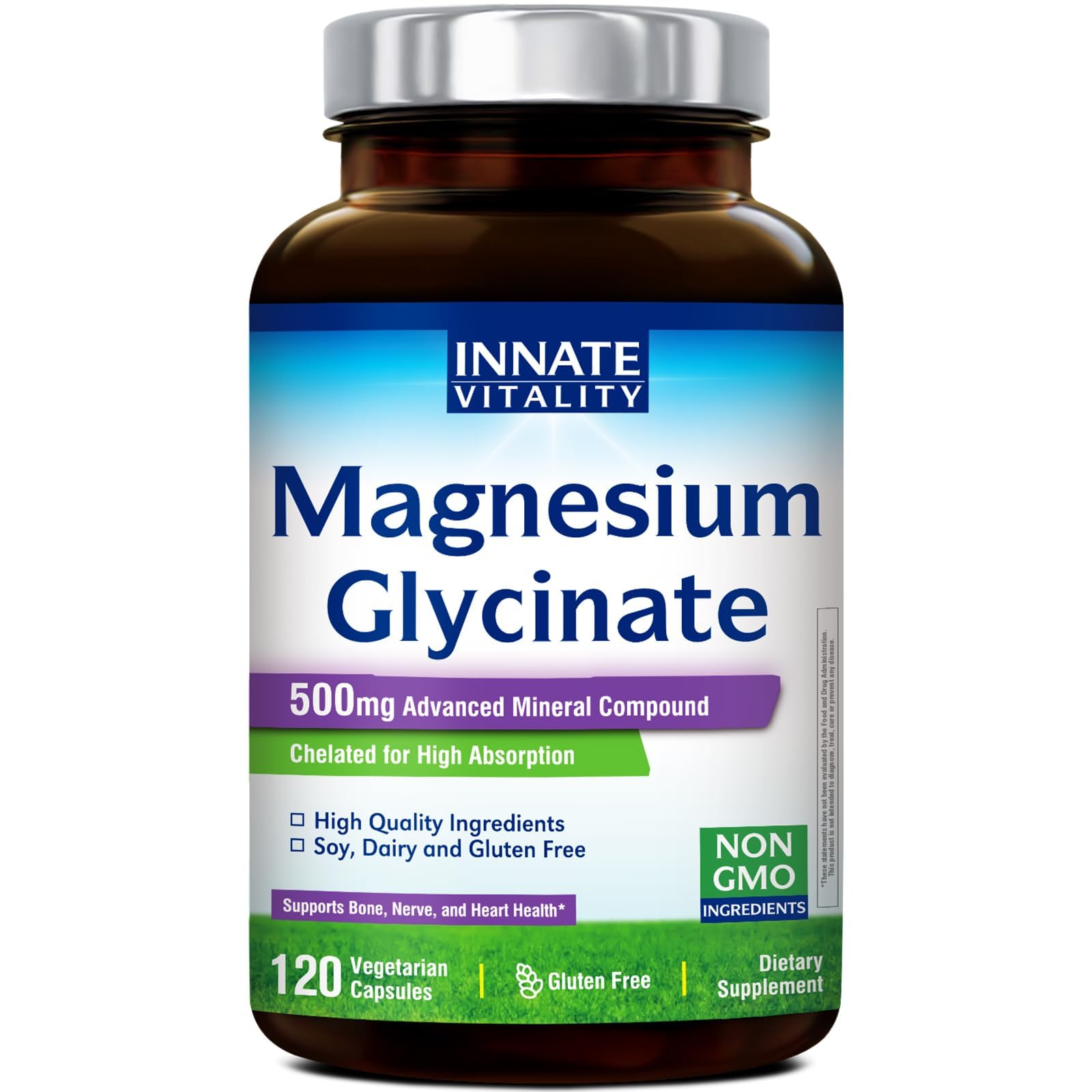 Innate Vitality Magnesium Glycinate 500mg | 70mg Elemental Magnesium Supplement - High Absorption, Non Buffered, Non-GMO & No Gluten - Vegan - Nerve Health - 120 Capsules (Pack of 1) Innate Vitality uk supplements