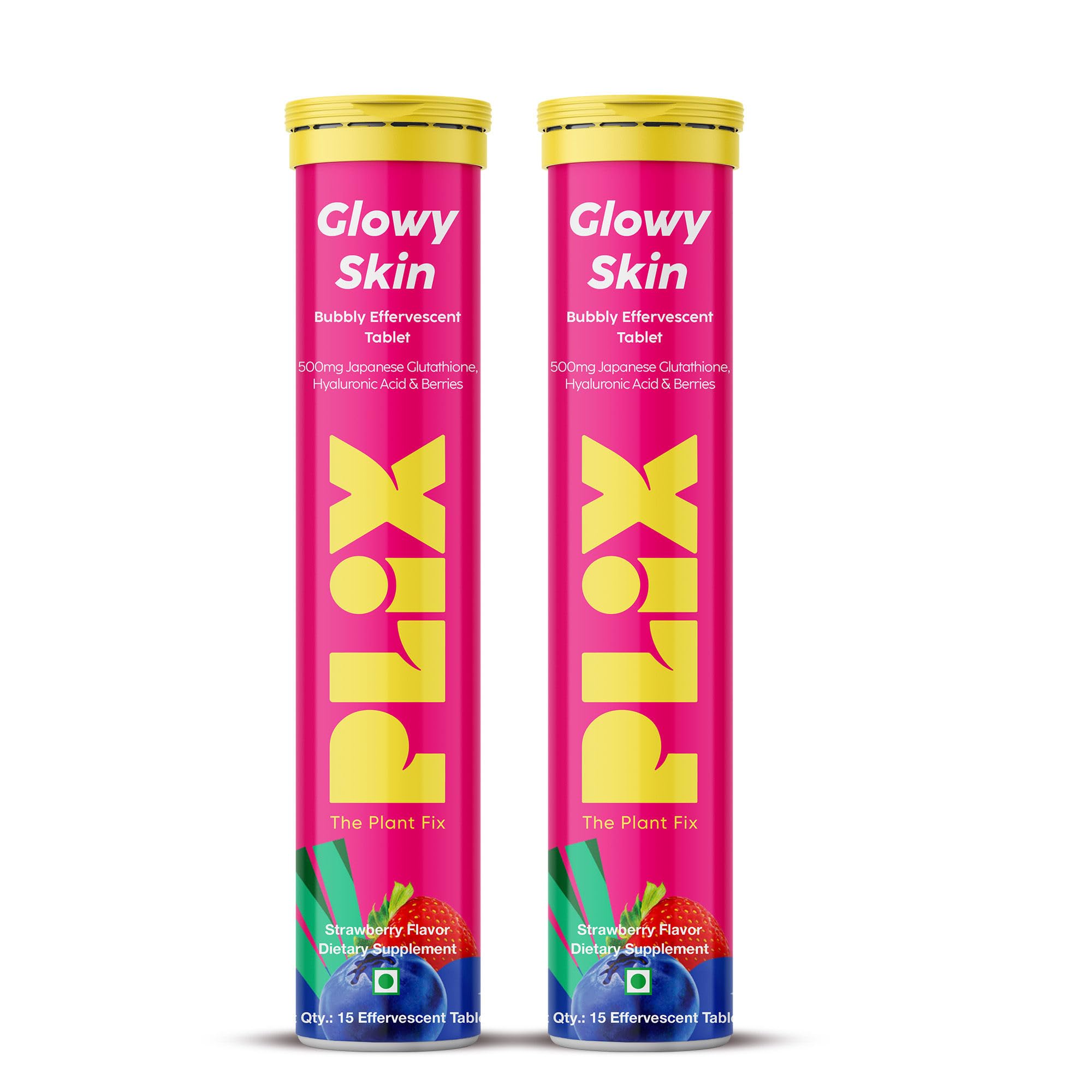 PLIX Glowy Skin 500mg Glutathione Supplement with Hyaluronic Acid, Vitamin C, E & Berries | 30 Effervescent Tablets, Strawberry Flavor PLIX - THE PLANT FIX uk supplements