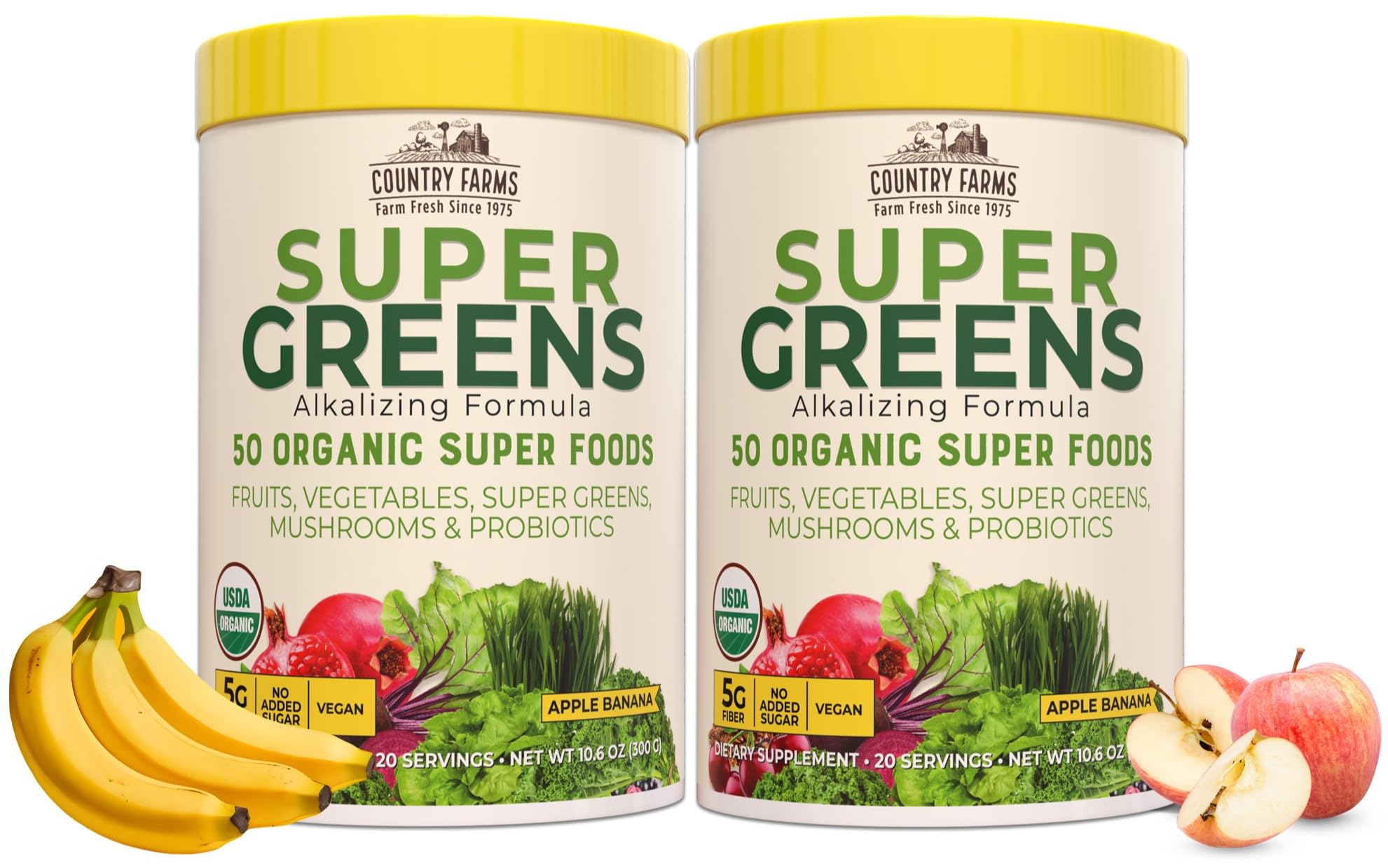 Country Farms Super Greens Apple Banana Powder Smoothie, Organic Super Foods, USDA Organic Drink Mix, Fruits, Vegetables, Mushrooms, Superfood Nutrition, 40 Servings, 2 Pack Country Farms uk supplements