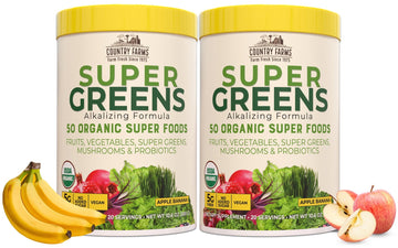 Country Farms Super Greens Apple Banana Powder Smoothie, Organic Super Foods, USDA Organic Drink Mix, Fruits, Vegetables, Mushrooms, Superfood Nutrition, 40 Servings, 2 Pack Country Farms uk supplements