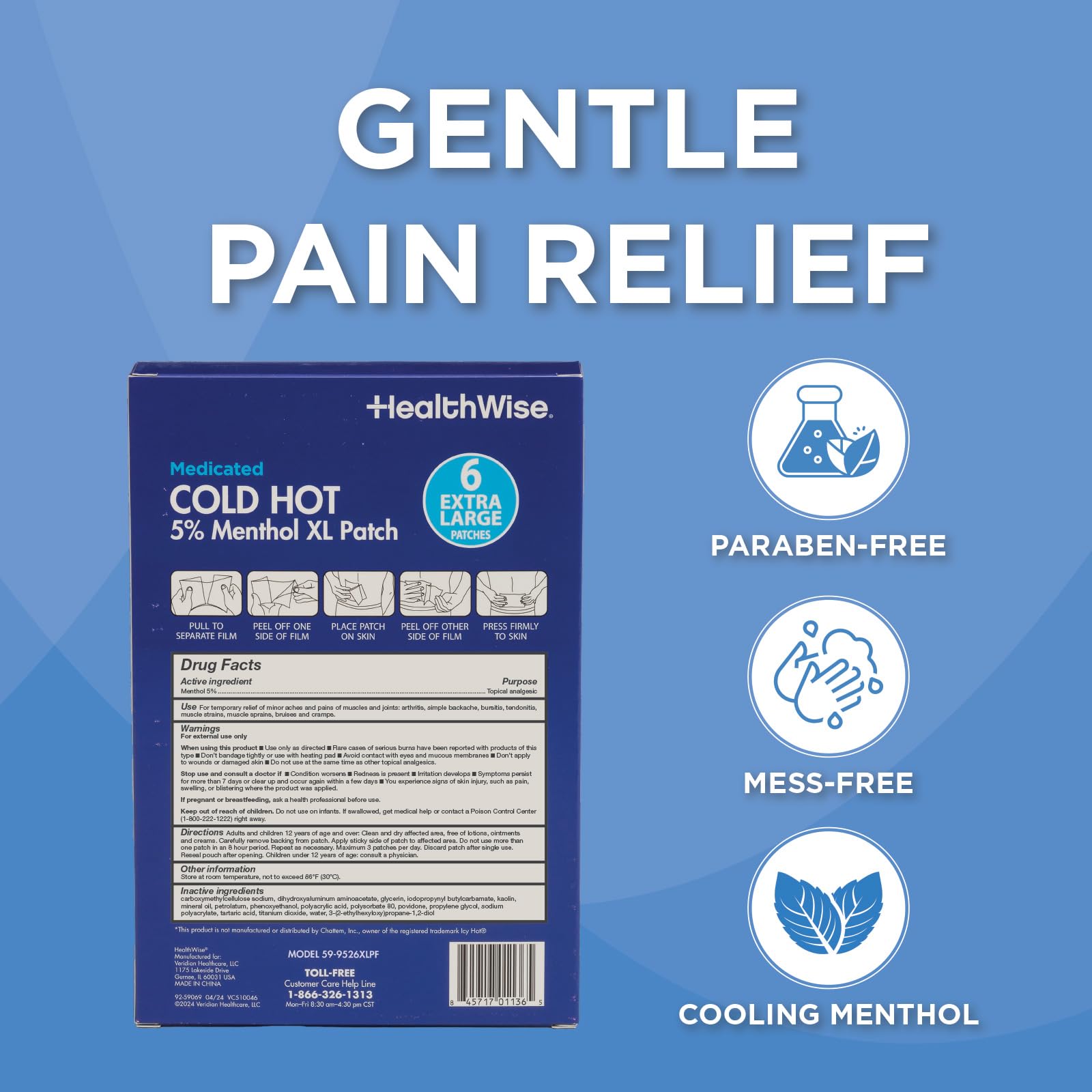 HealthWise Cold Hot Medicated Menthol XL Patch | 5% Menthol | Back and Large Areas | 5.51” x 9.84” | 6-Count | Paraben-Free | Soothes Minor Aches and Pains | Super-Size Relief HealthWise uk supplements