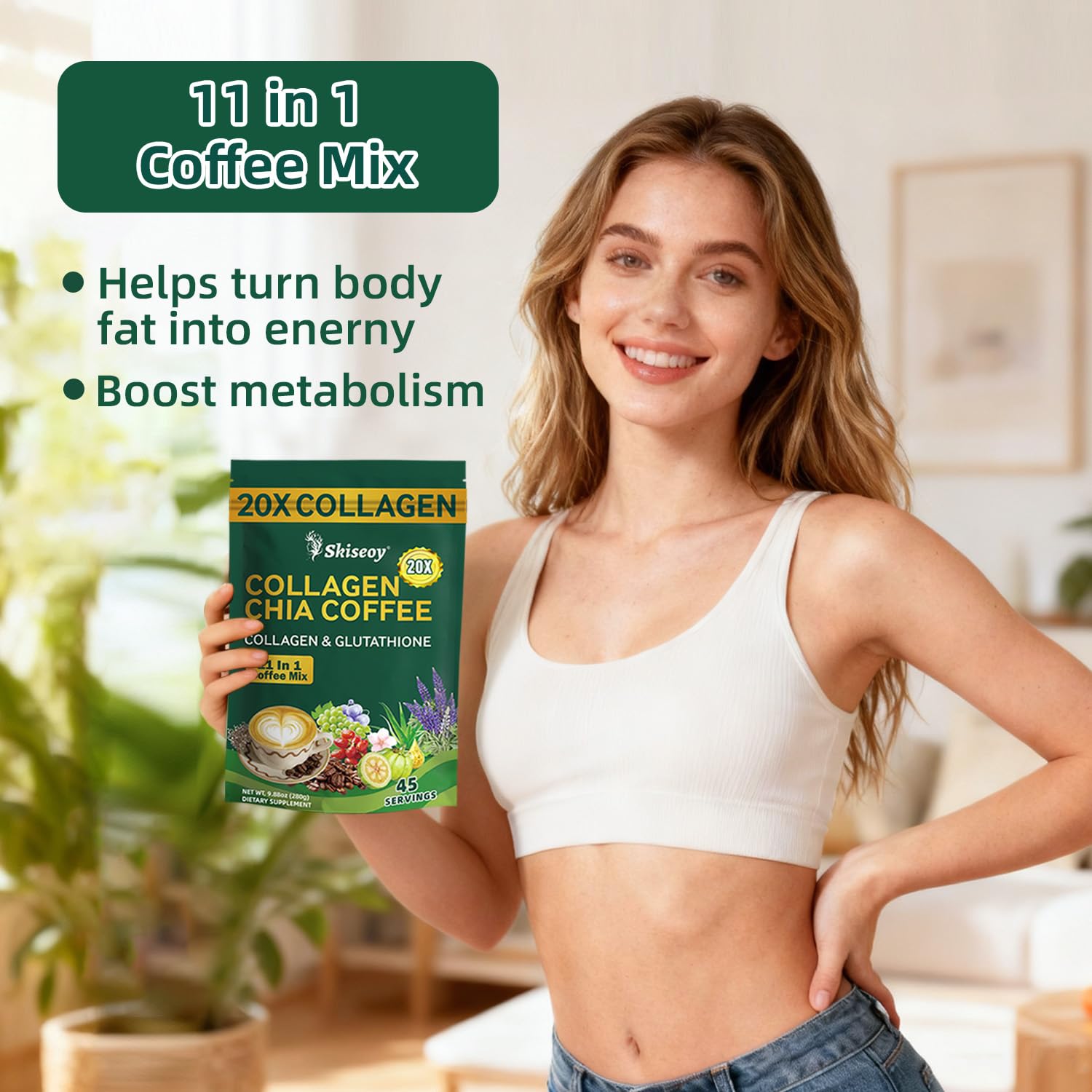 Skiseoy 20x Collagen Chia Coffee - 11-in-1 Coffee Shape Mix with L-Glutathione for Skin, Hair, Joints - Boost Energy and Focus, Vegan Friendly, 45 Servings Skiseoy uk supplements