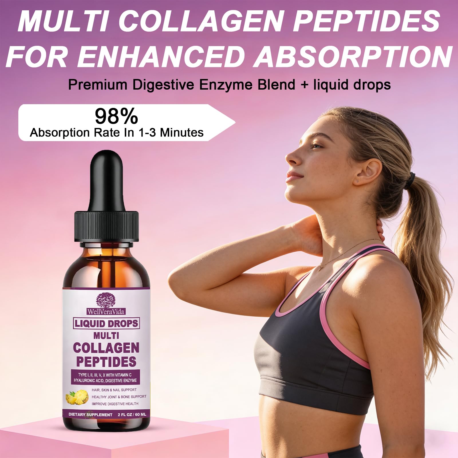 Multi Collagen Peptides Liquid Drops, 2oz – Types I, II, III, V, X, Hydrolyzed Collagen Complex for Hair, Skin, Nails, Bones & Joint Support | Collagen Supplement w. Hyaluronic Acid, Biotin, Vitamin C WellVeraVida uk supplements