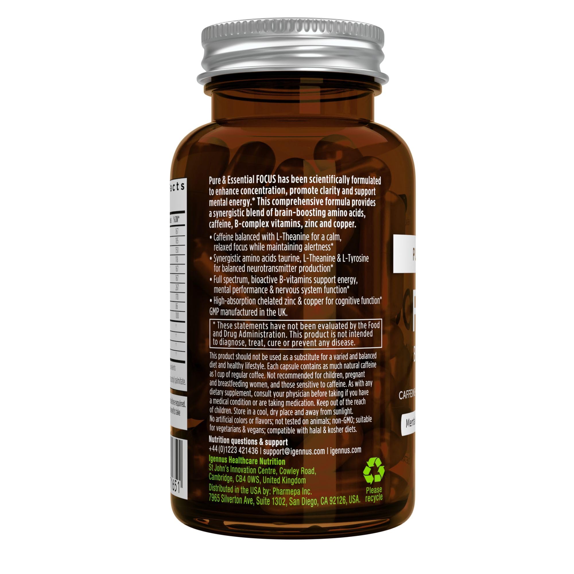 Igennus Focus - Nootropic with 200mg Natural Caffeine, Methylated B Vitamins, L-Theanine, Taurine, L-Tyrosine, Clean Energy, Brain Booster & Cognitive Performance, Non Jittery, 60 Capsules Igennus Healthcare Nutrition uk supplements