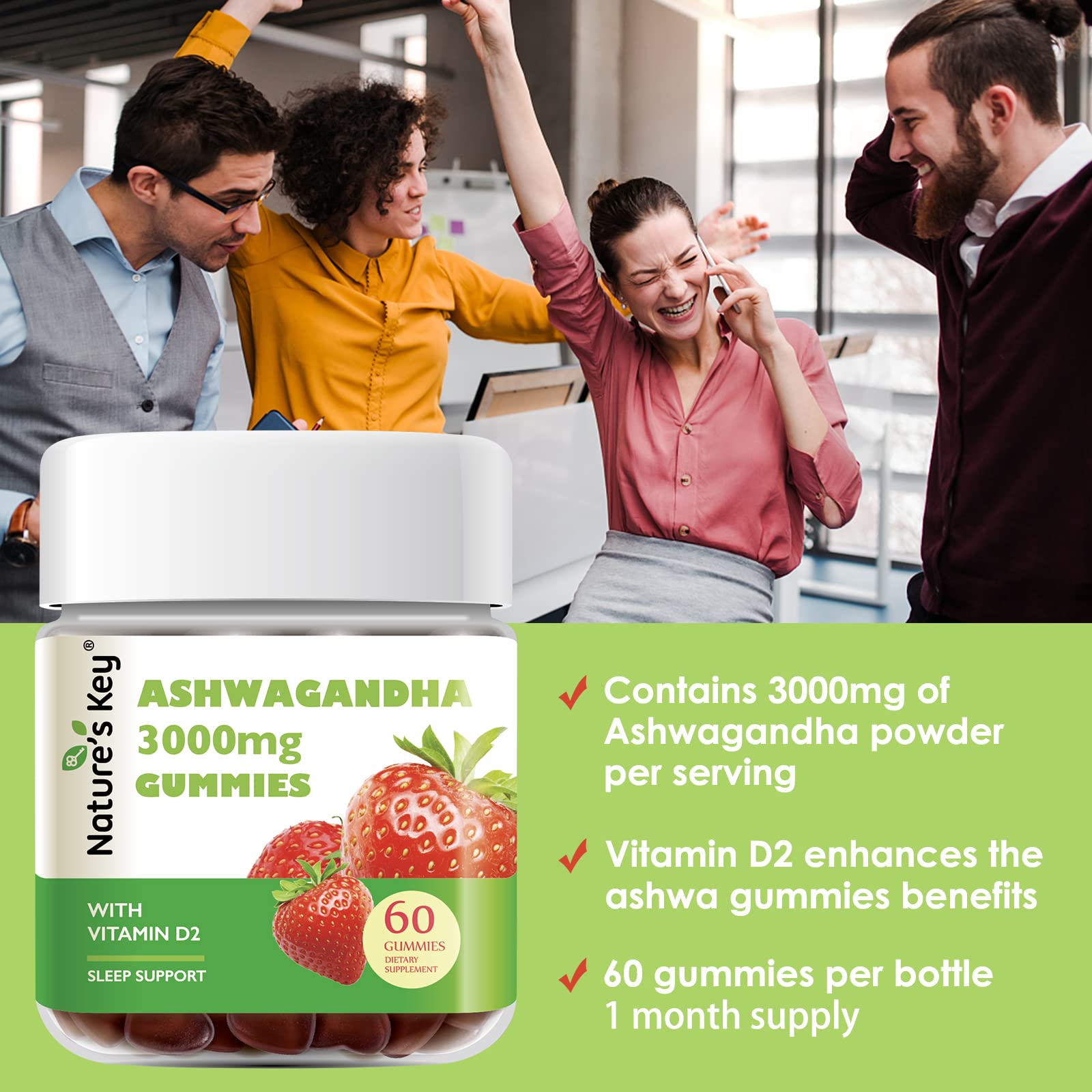 Nature's Key Ashwagandha Gummies, 3000mg High Potency Ashwagandha Root Extract with Vitamin D2, Stress, Calm Mood & Cognition, for Men & Women, Strawberry Flavor (60 Count (Pack of 1) Nature's Key uk supplements