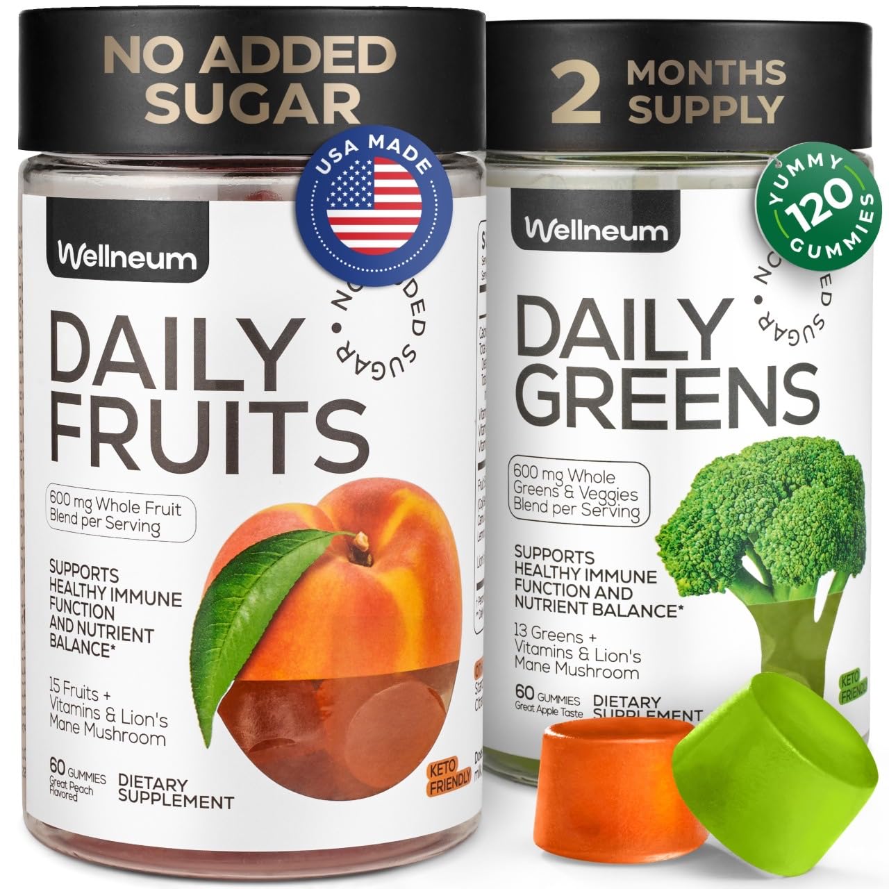 Super Greens + Super Fruits Gummies (Fruits/Greens Powder in Gummies Form) - 600mg Greens Blend + 600mg Fruits Blend for Immune Support, Sugar Free, Vegetarian, Non-GMO, 2-Pack (120 Gummies) Wellneum uk supplements
